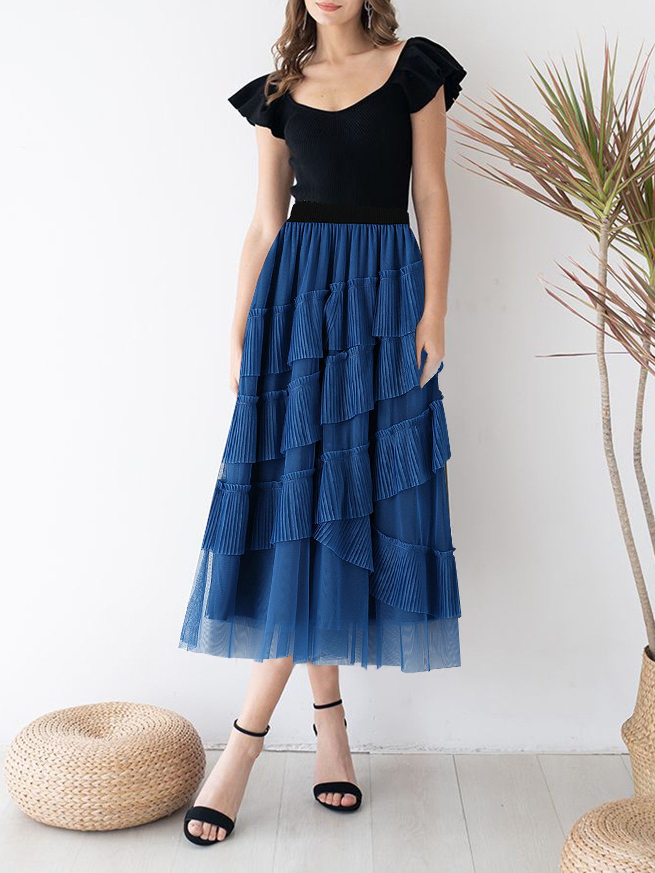 DEBAIJIA Meshrock Damen Taille mit hoherДлина Faltenrock einfarbiger in mittellanger