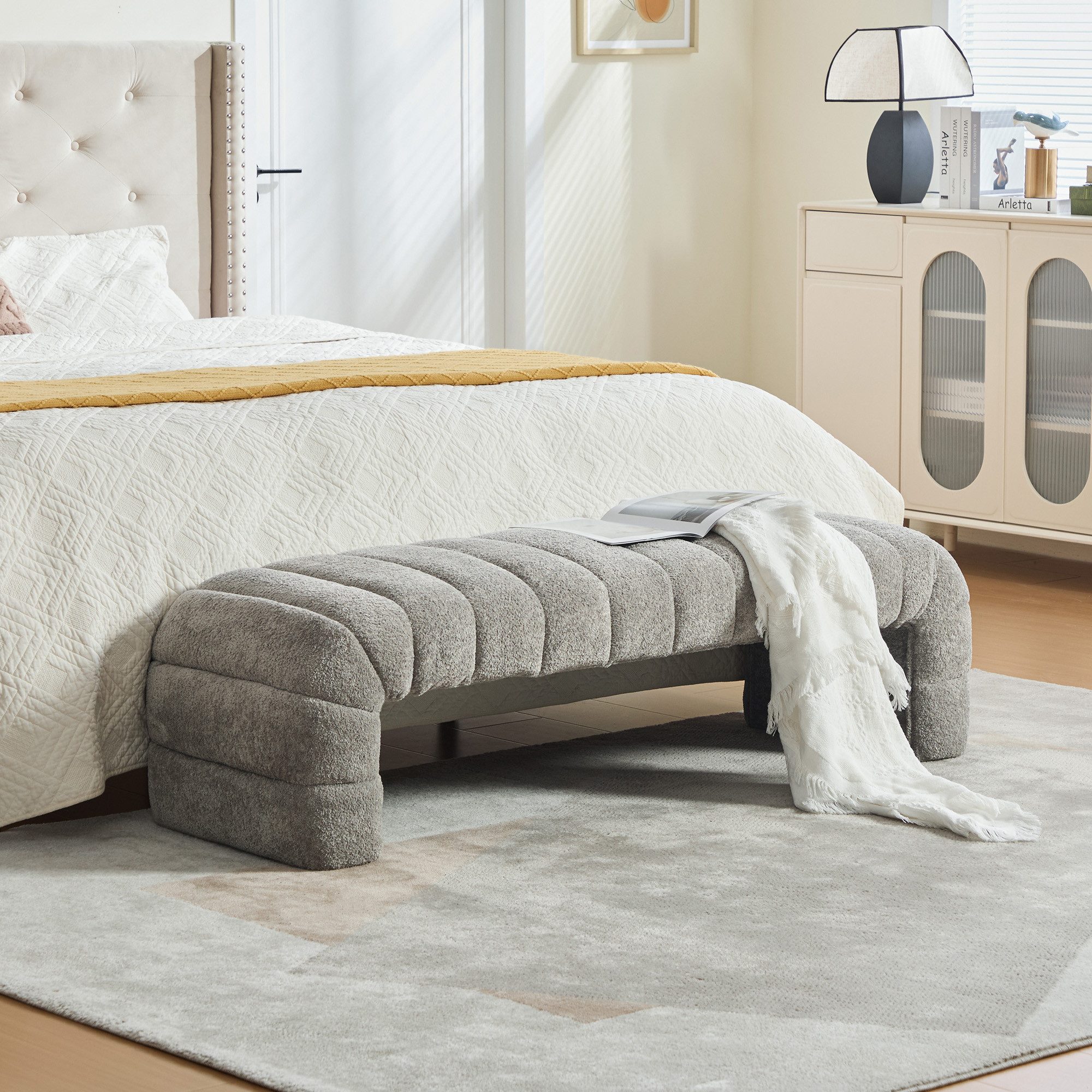 HAUSS SPOLE Polsterbank mit Rillenpolsterung,Fußhocker aus Chenille mit Holzrahmen,Grau (Multifunktionsbank armlehnloser Sitzbank), Chenille-Bank für Schlafzimmer, Wohnzimmer und Eingangsbereiche