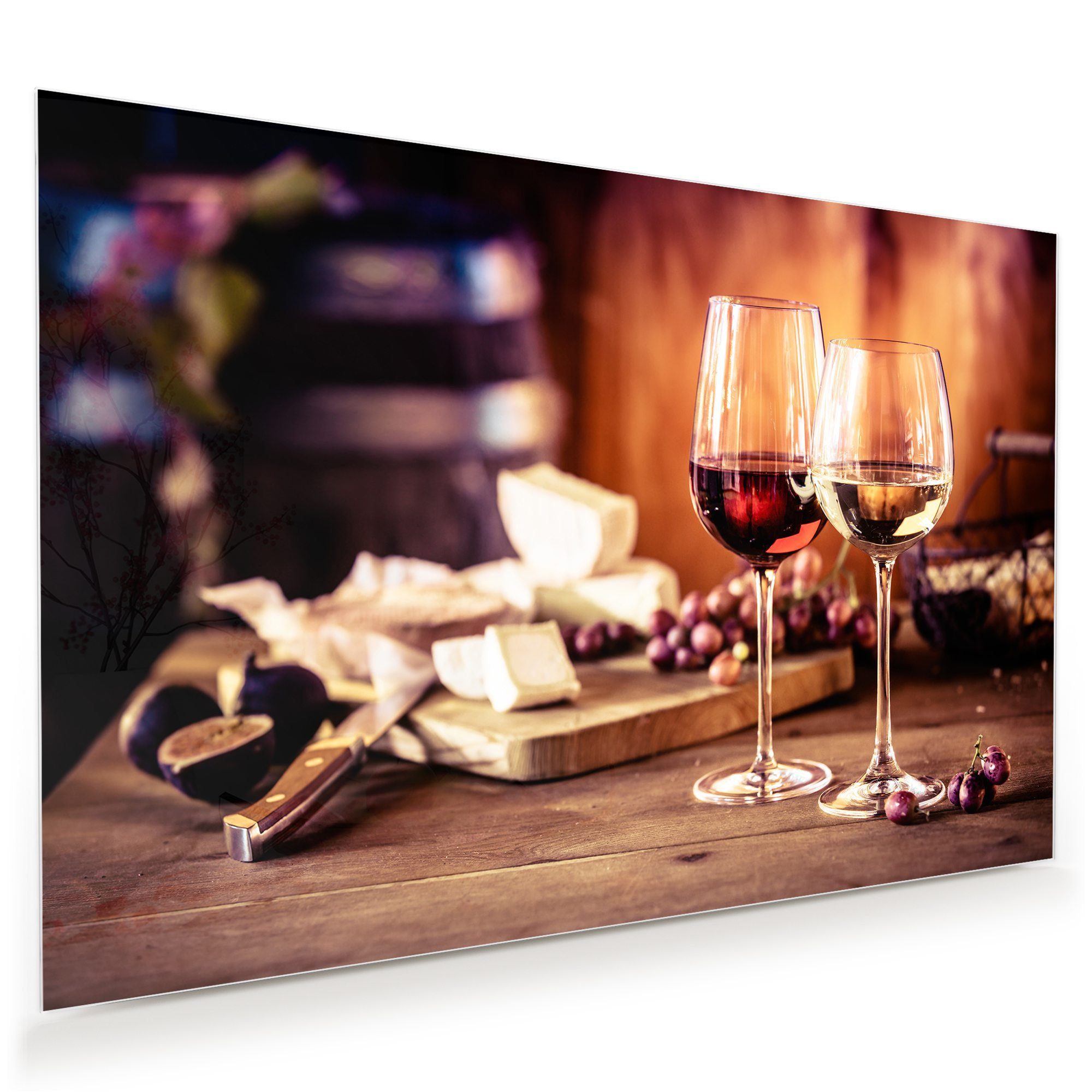 Primedeco Glasbild Wandbild Käseplatte und Wein mit Aufhängung, Getränke