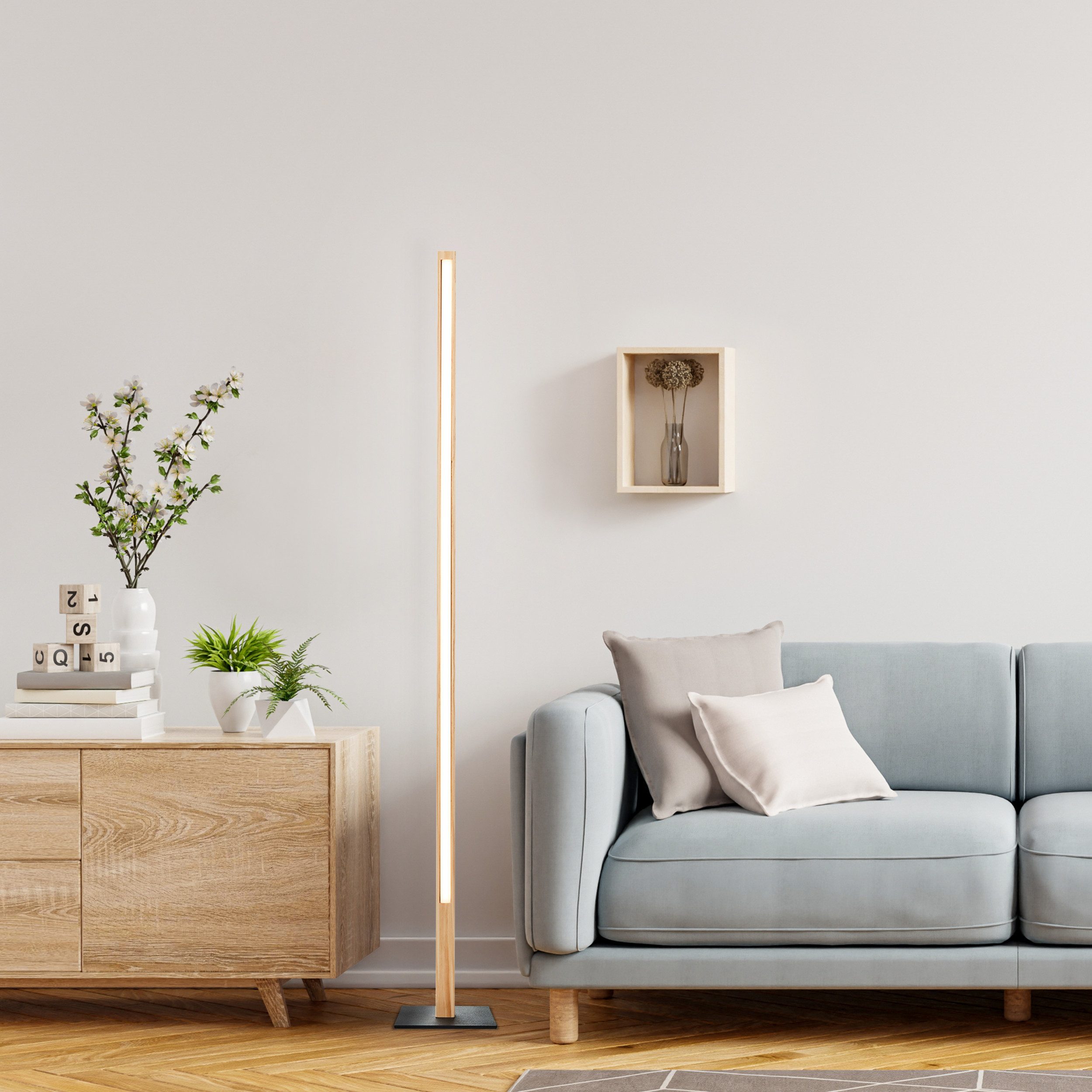 Lightbox Stehlampe, LED fest integriert, Warmweiß, LED-Stehleuchte aus Holz, 120 cm Höhe, 1400 lm, 3000 K, Metallfuß