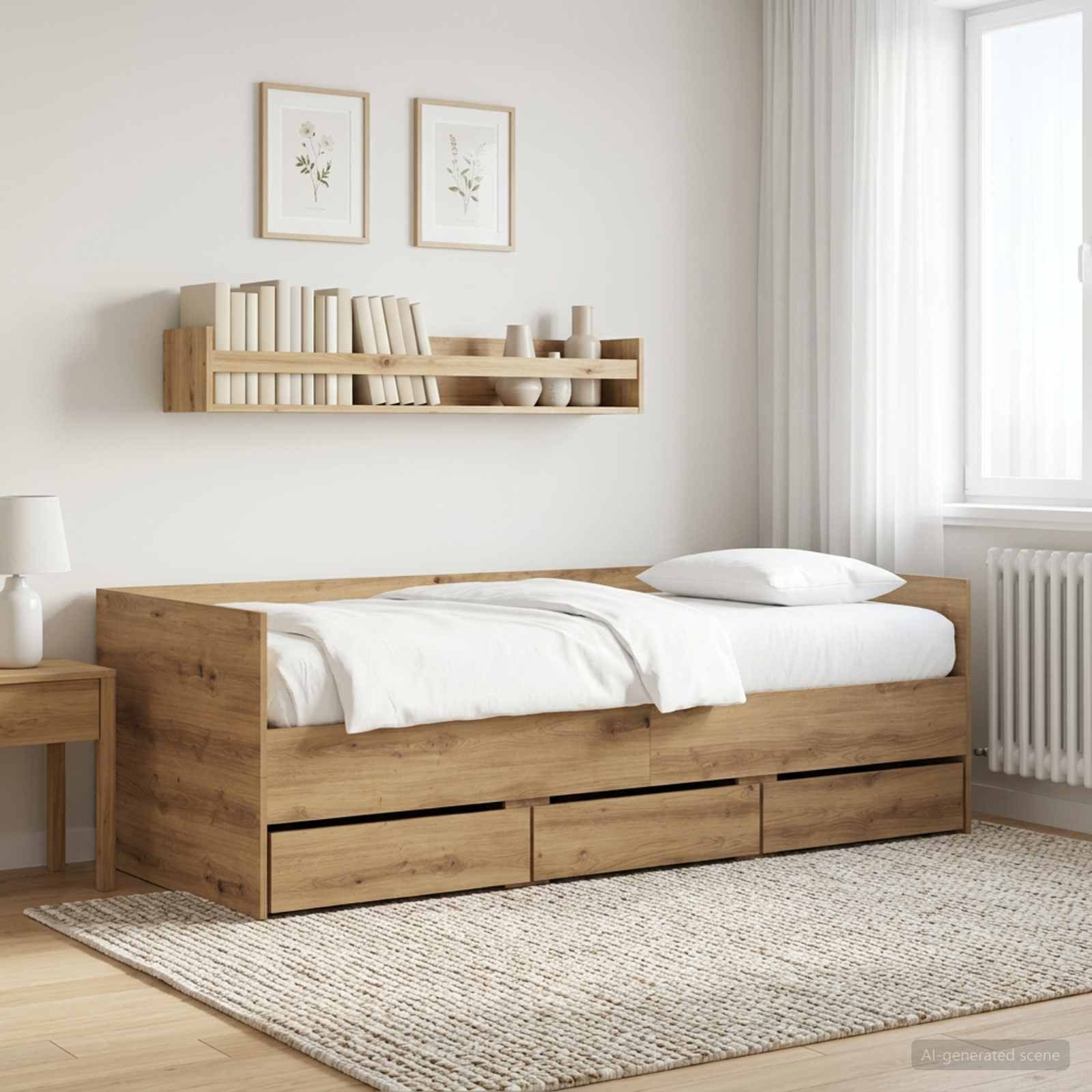 furnicato Bett Tagesbett mit Schubladen Massivholz Kunsthandwerk Eiche (1-tlg), Integrierter Stauraum mit Schubladen für dein Schlafsofa