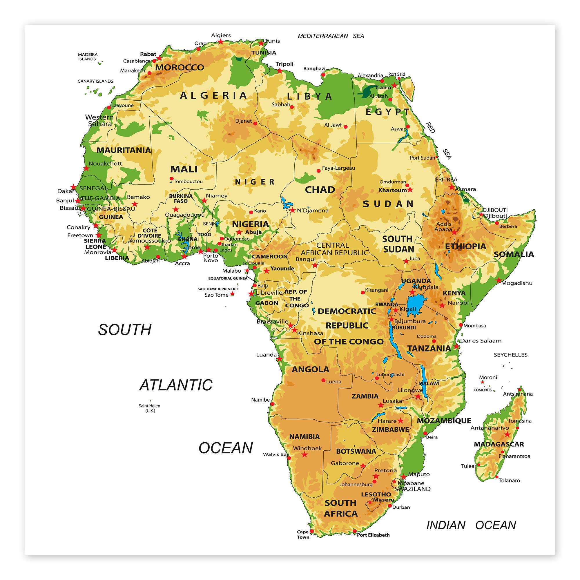 Posterlounge Wandbild Afrika - Topografische Karte (Englisch) II, Editors Choice, erhältlich als Poster, Leinwandbild, Wandsticker oder Acrylglasbild