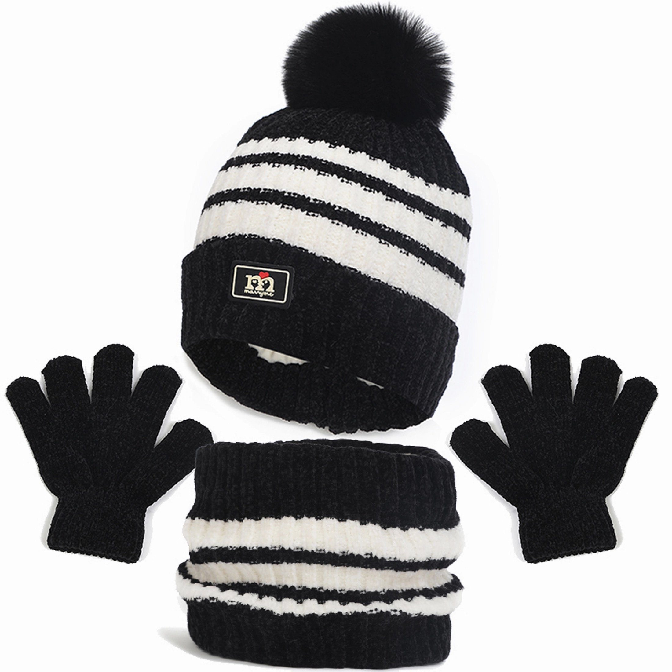 Coonoor Filzhut Mütze & Schal Kinder Unisex Schal Mütze Handschuhe Set (Wintermütze, Schal, Handschuhe, dreiteiliges Set) Schwarz