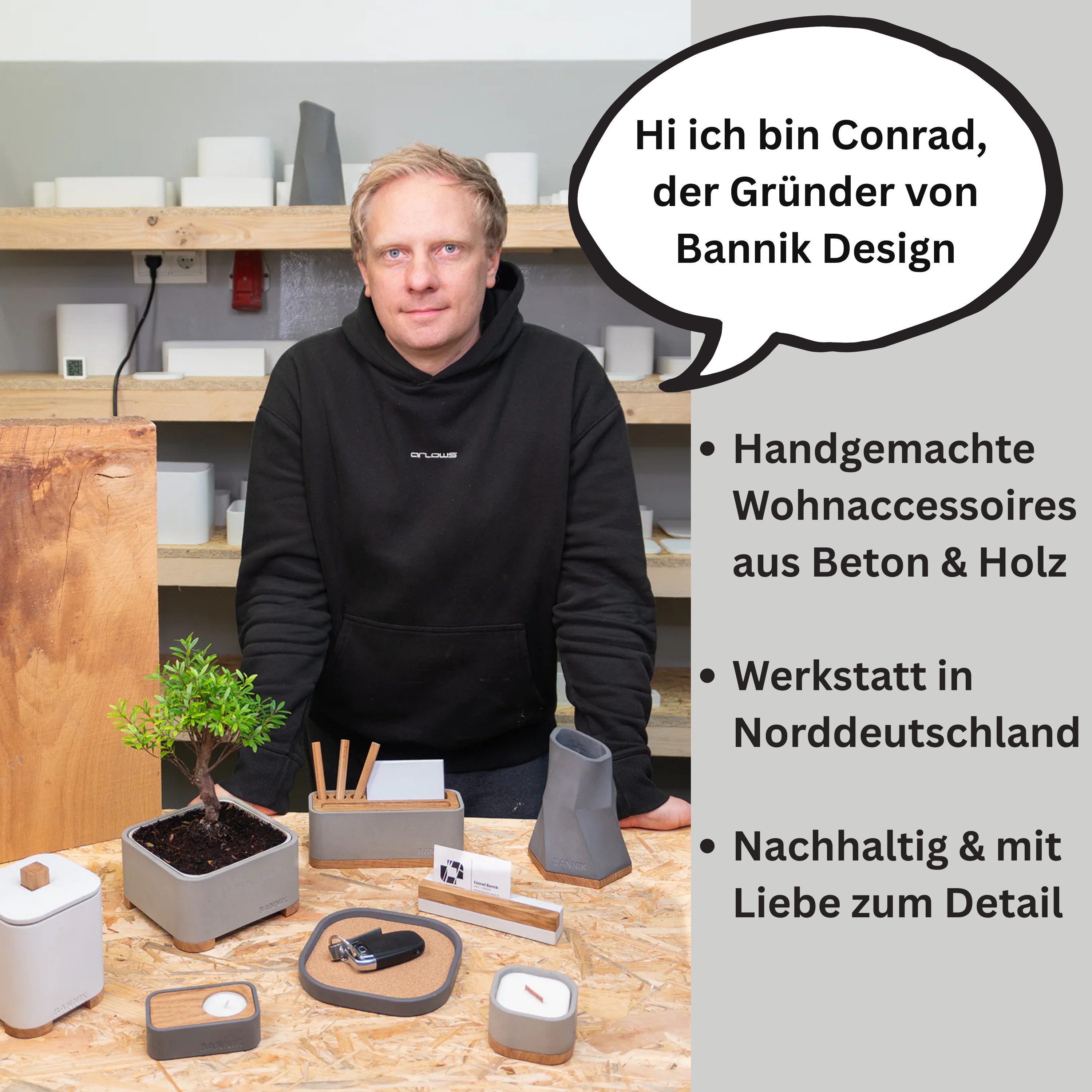Bannik Blumentopf aus Beton und Holz - handgefertigt - Pflanztopf modern (1 St., 22,5x7,5x8cm), Unikat mit Holzuntersetzer, handmade in Germany, stilvoll & komp – Bild 5 von 5