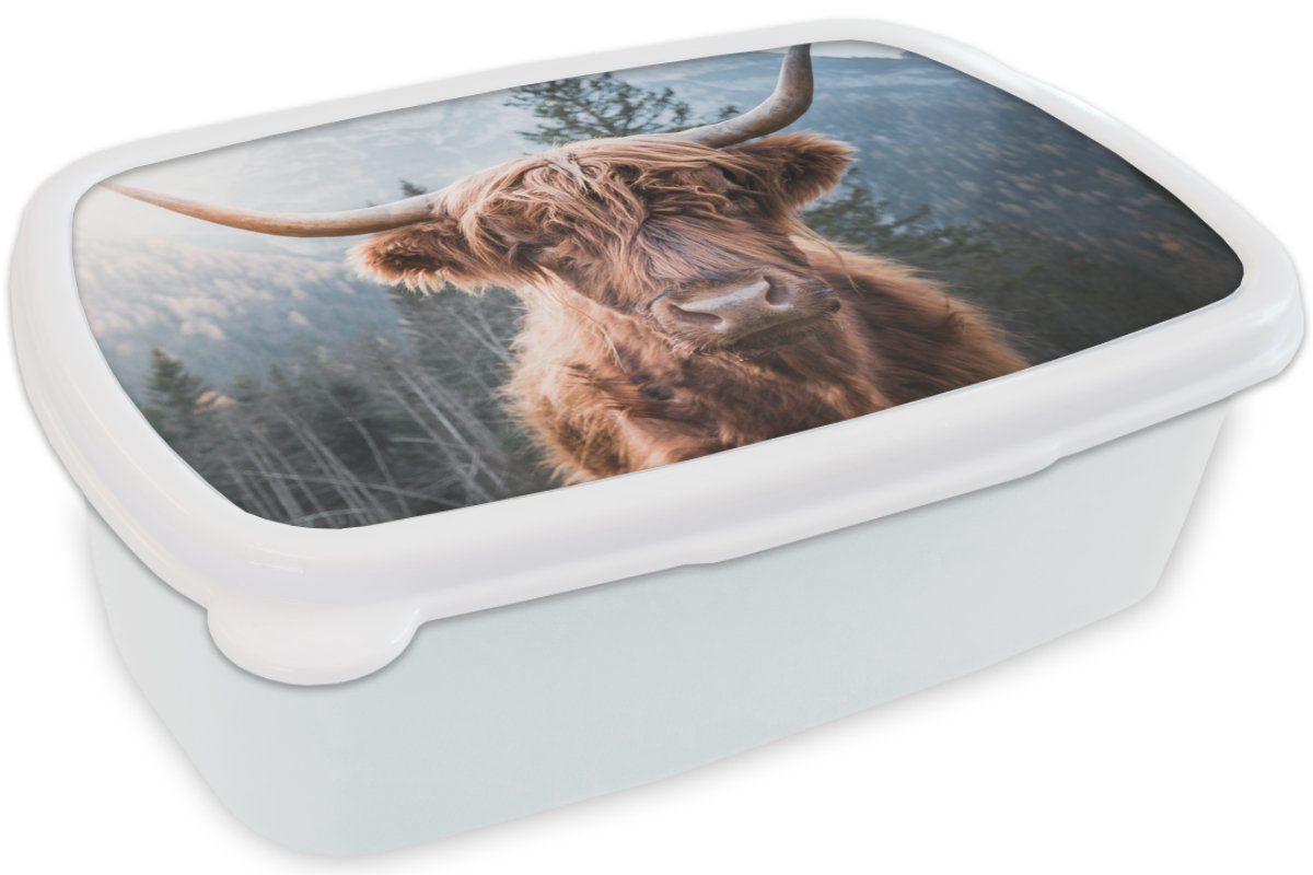 Schottischer Jungs MuchoWow Hochländer (2-tlg), weiß Brotbox für - - Natur, Brotdose, Kinder Tiere Kuh und Berg für Kunststoff, und Lunchbox Erwachsene, - - Mädchen