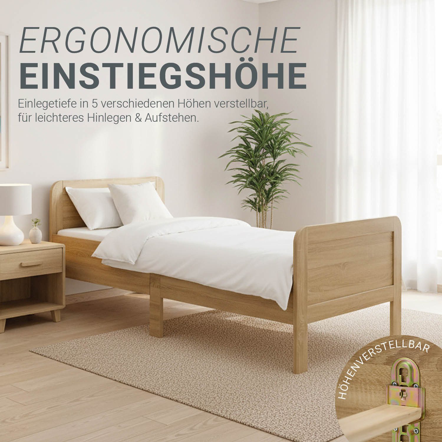 Homestyle4u Funktionsbett 90x200 100x200 120x200 Holzbett Seniorenbett Komfortbett Braun Weiß, 100x200, Aufbau per Stecksystem, höhenverstellbar, erhöhter Einstieg