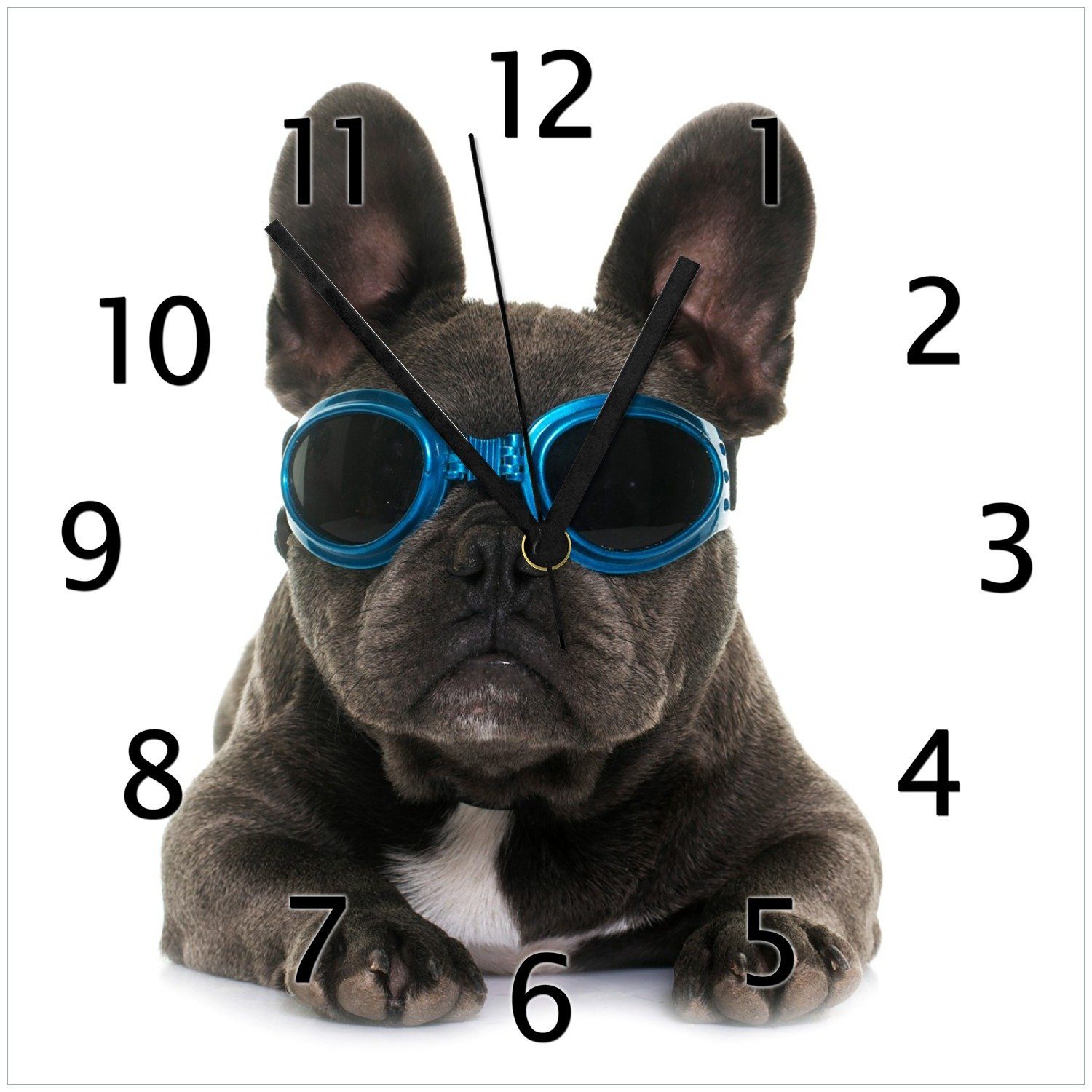 Wallario Wanduhr Cooler Hund mit Französische - blau in Bulldogge Sonnenbrille (Glasuhr)