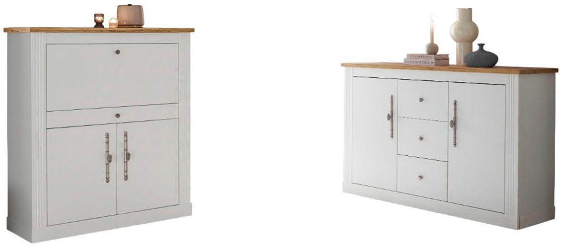 OTTO home Büromöbel-Set Westminster, wohnliches Home-Office, Büro in zwei Farben verfügbar, (Set, 2-tlg), enthält Sekretär und Sideboard im Landhausstil, mit Kabelkanal