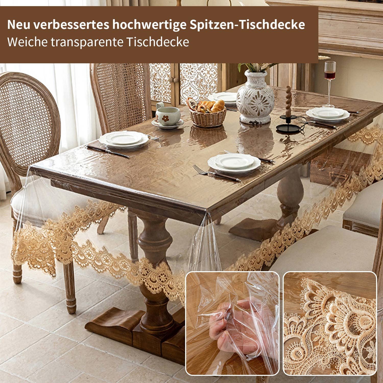 Refttenw Tischdecke Wasserdichte Tischdecke,Spitze Transparente Tischabdeckung,Ölbeständig