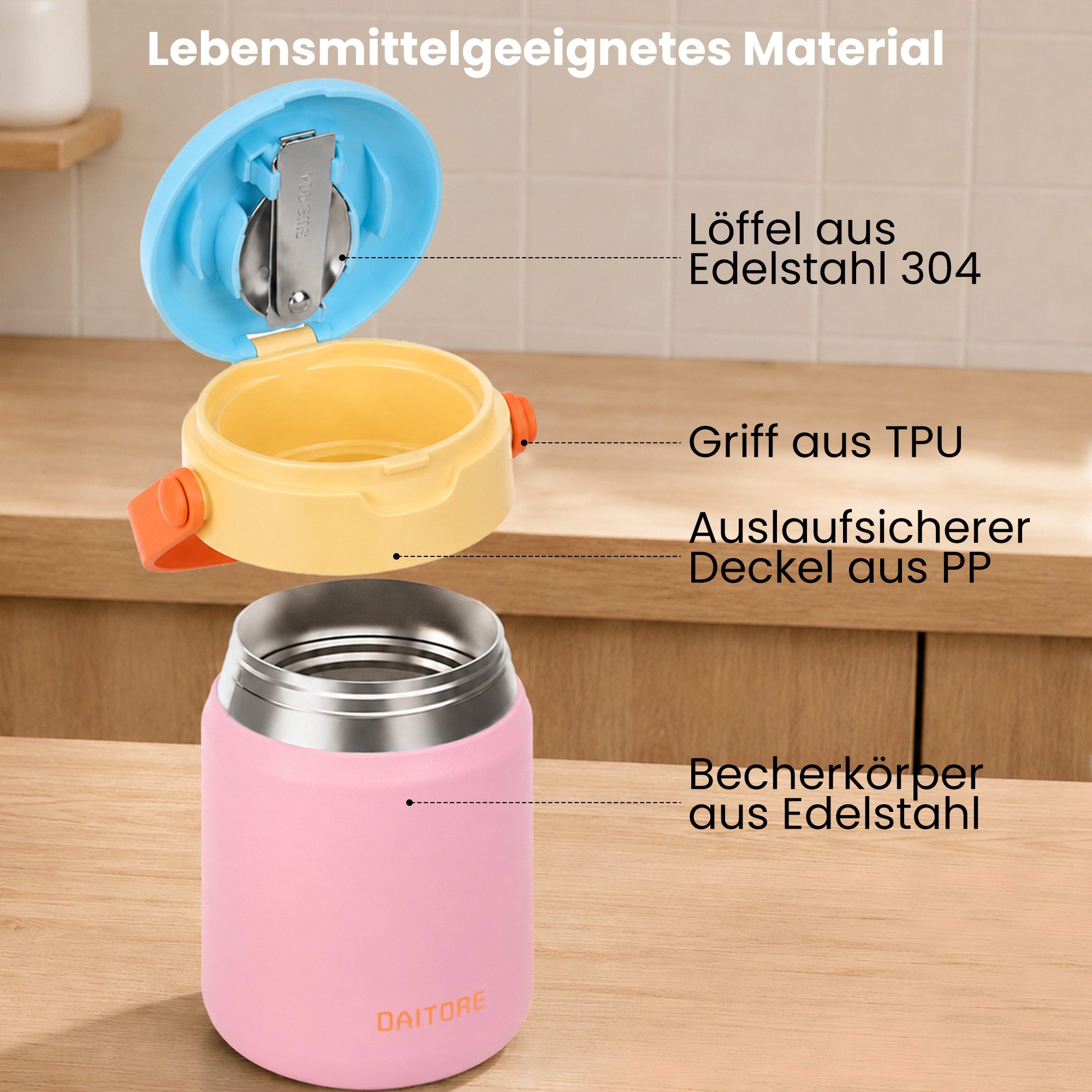 DAITORE Thermobehälter 480ml Thermobehälter Edelstahl 304 mit Löffel, auslaufsicher, (Geeignet für Büro, Schule, Reisen, Vielseitige Anwendung), 5h warm & 8h ka – Bild 5 von 5