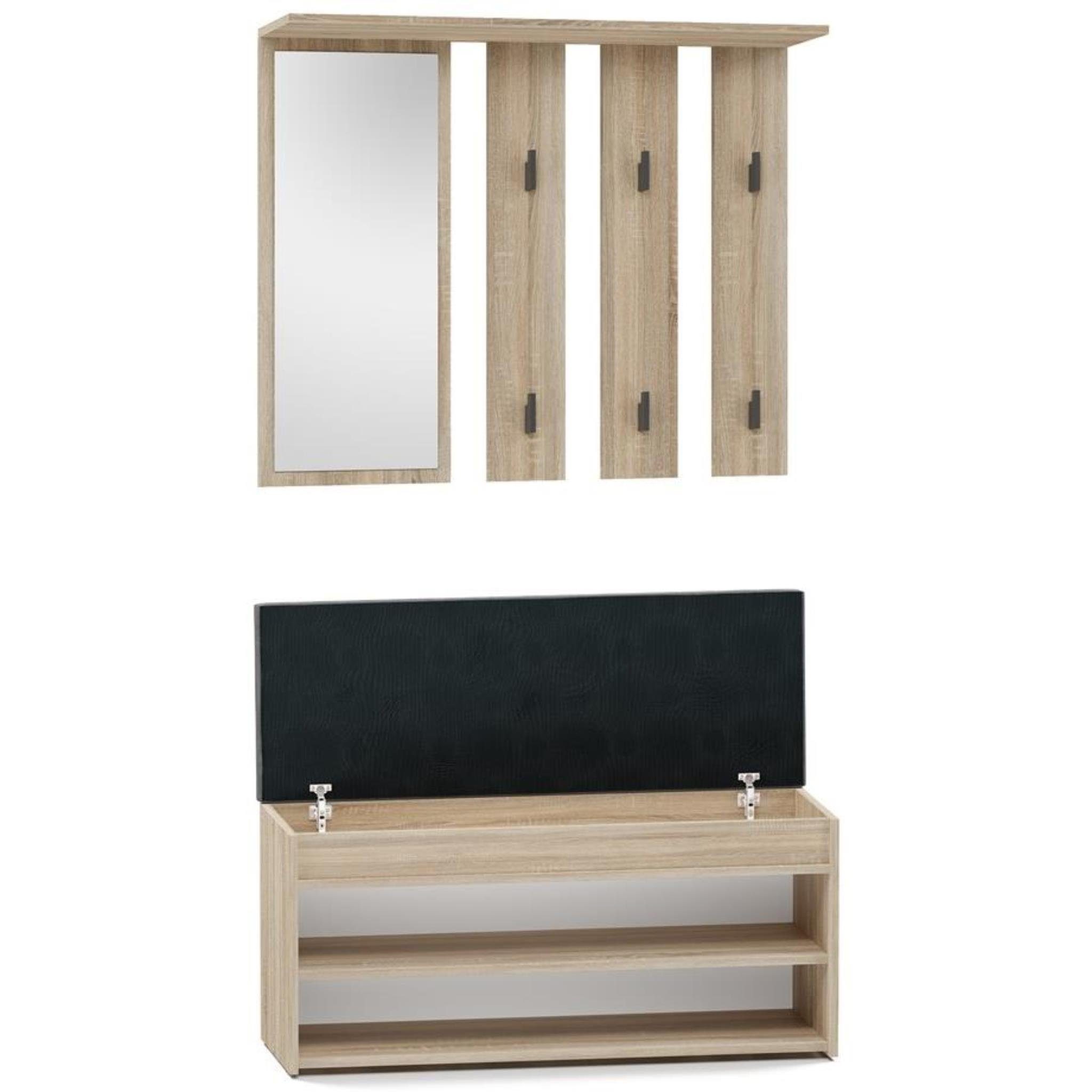 Beautysofa Garderoben-Set Calinda, (Diele Flurgarderobe), 6 Flur offene Kleiderhaken, Spiegel & schwarze Schuhschrank, Dieleschrank, Set, Sonoma