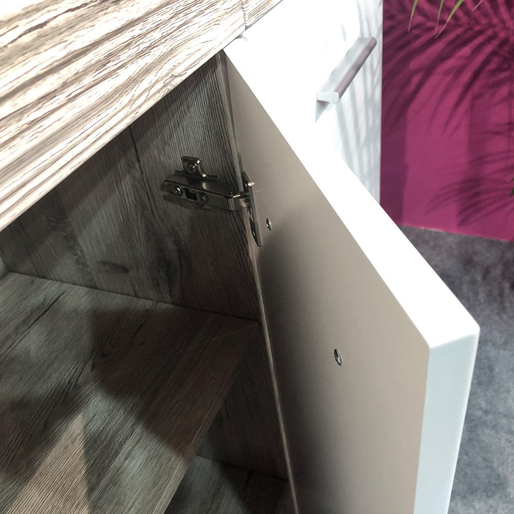 Lomadox Garderobenschrank GALLIPOLI-164 Kommode mit Ablageböden, LED-Beleuchtung, Eiche und weiß Hochglanz