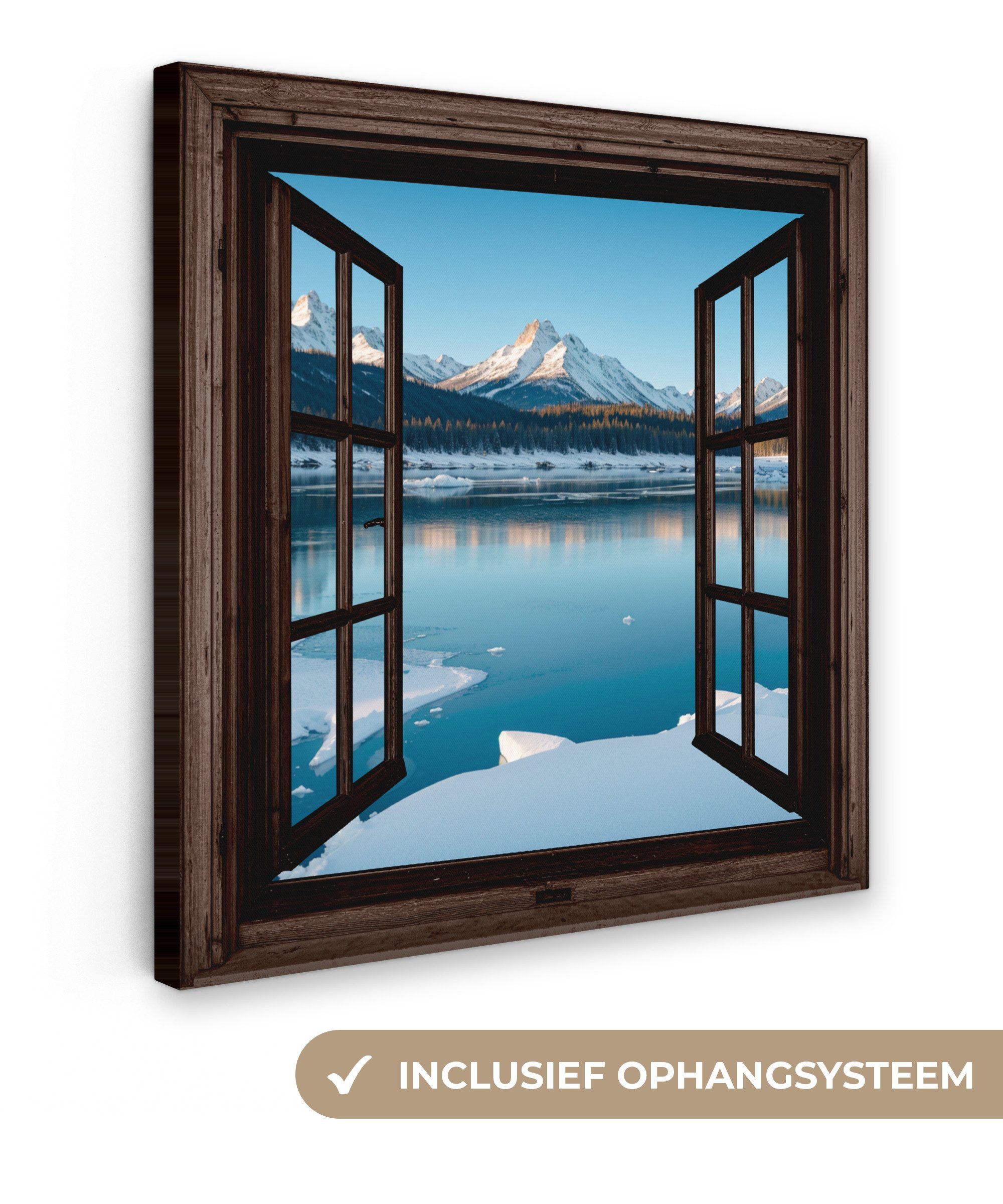 OneMillionCanvasses® Leinwandbild Durchblick - Winterlandschaft - See - Berge - Ausblicke, Fotodruck (1 St), Wandbild, Deko Schlafzimmer Wohnzimmer Flur 20x20 cm