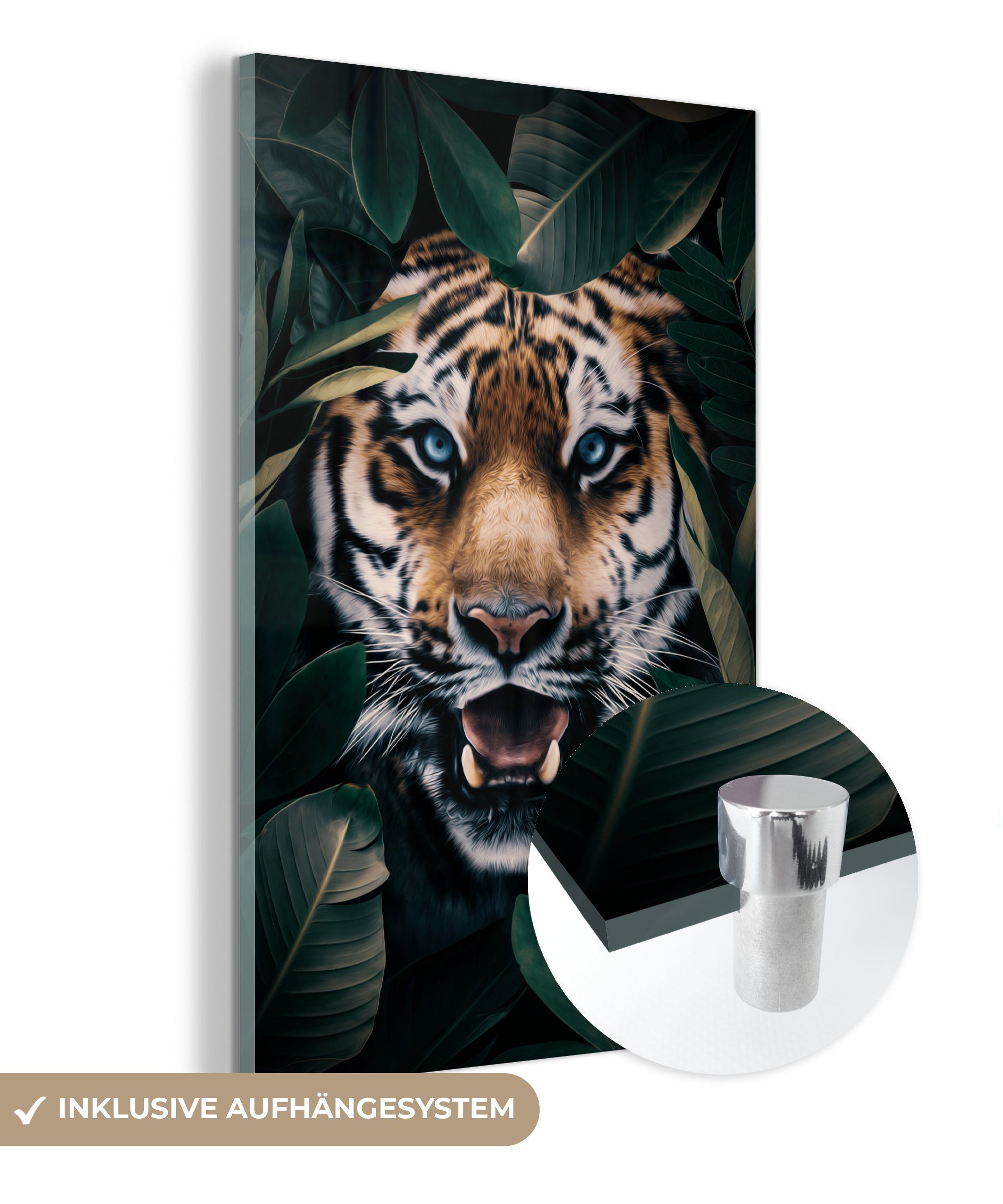 MuchoWow Acrylglasbild Tiger - Bäume - Blau, (1 St), Glasbilder - Bilder auf Glas Wandbild - Foto auf Glas - Wanddekoration bunt | Bilder