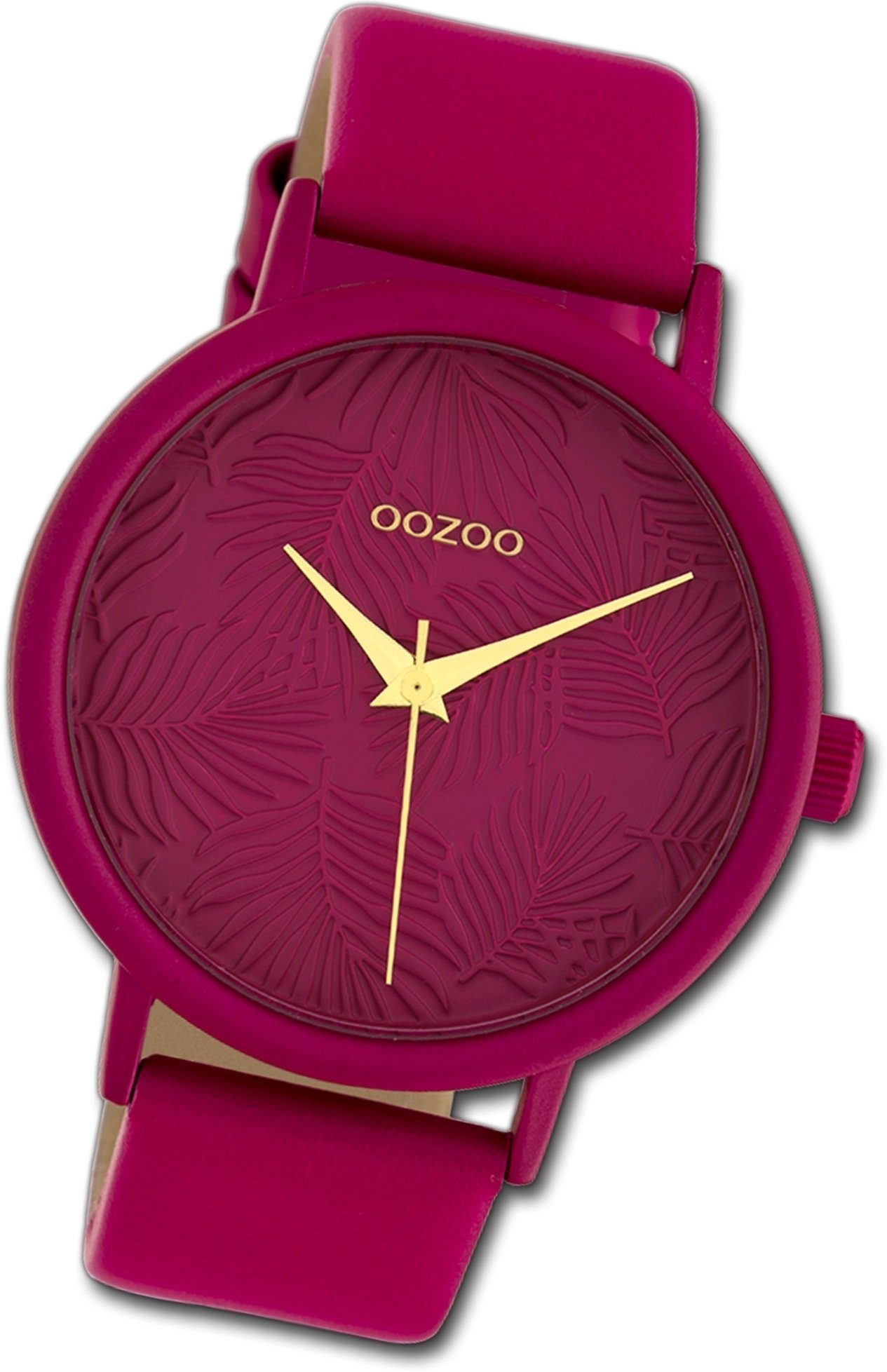 Lederarmband Uhr Analog, Damen rundes 42mm) violett OOZOO groß Oozoo Leder Gehäuse, Damenuhr Quarzuhr (ca. fuchsia, C10167