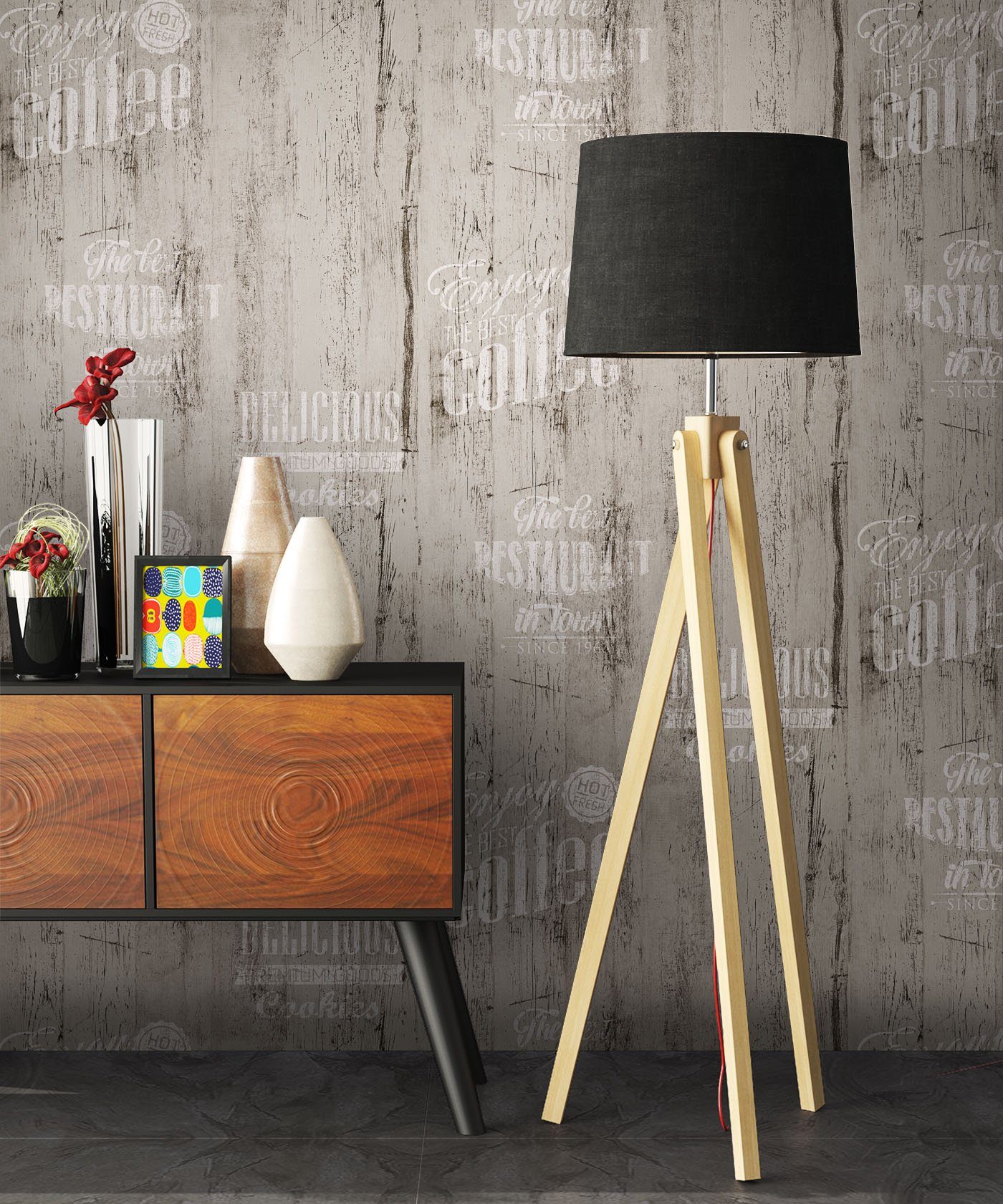 Newroom Papiertapete, Grau Holztapete Café Aufschrift günstig online kaufen