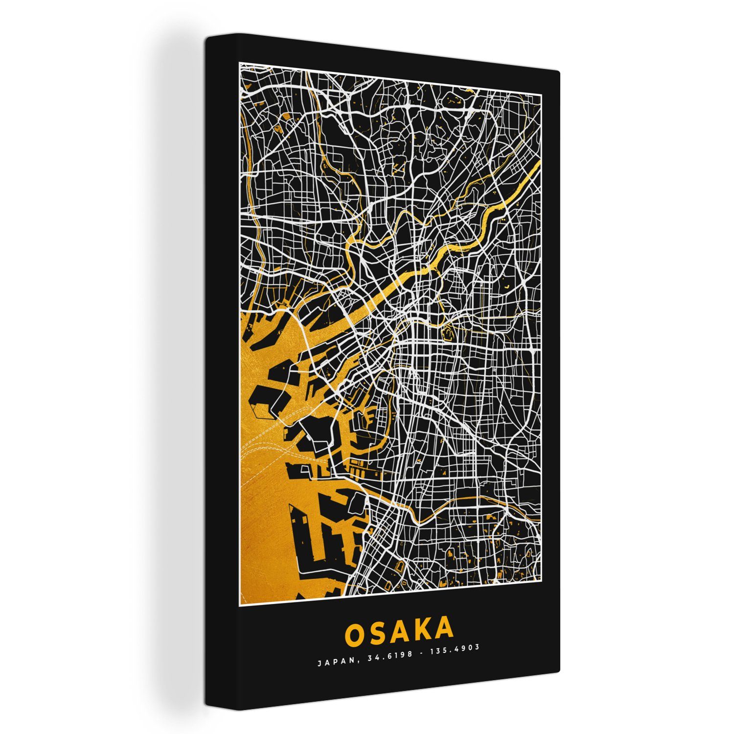 OneMillionCanvasses® Leinwandbild Osaka - Karte - Stadtplan - Gold, (1 St), Leinwandbild fertig bespannt inkl. Zackenaufhänger, Gemälde, 20x30 cm