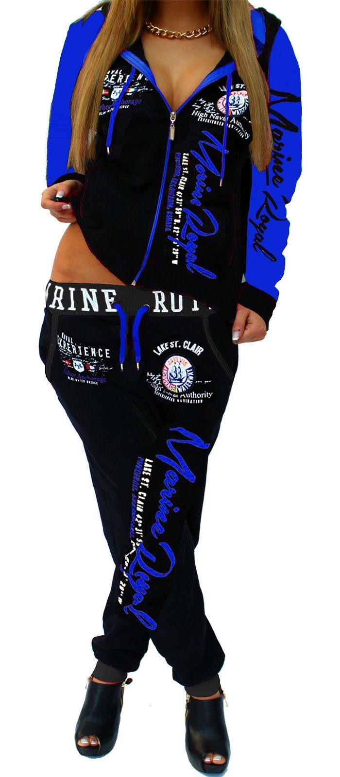 Jaylvis Jogginganzug Marine Royal Damen Trainingsanzug Sportanzug Streetwear Fitness (Jacke + Hose), Jacke mit Kapuze Schwarz-Blau