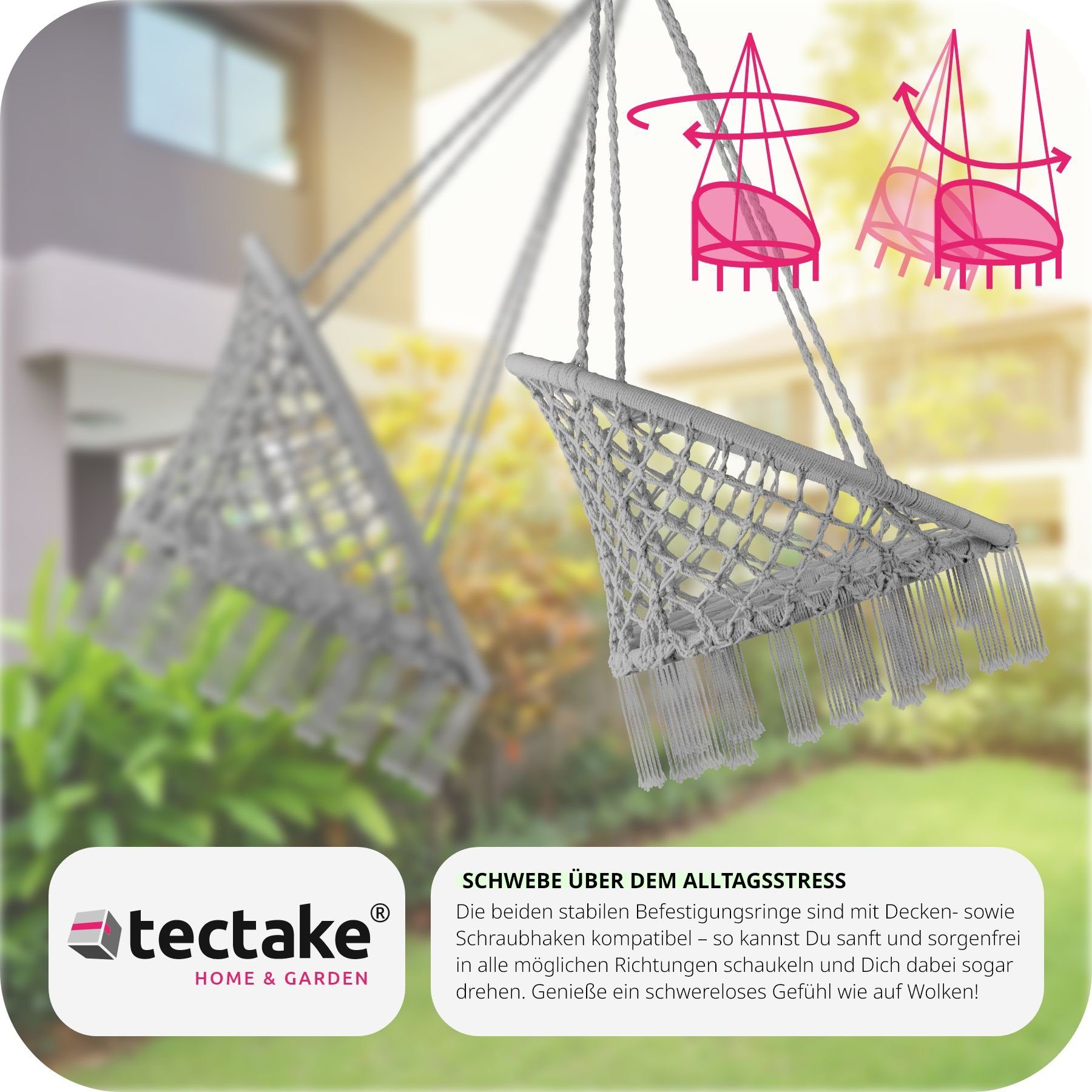 tectake Hängesessel Hängeschaukel mit Sitzpolster, Belastbarkeit 150 kg, 80 x 72 x 125 (Hängestuhl Jane, in Grau), stabil und strapazierfähig für Indoor und Outdoor