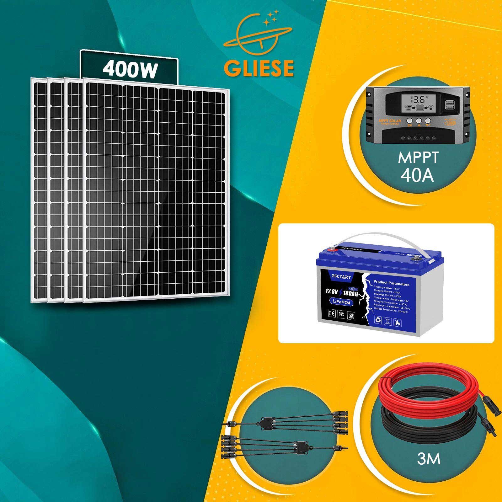 GLIESE Solarmodul 400W Solarpanel Kit 100Ah LiFePO4 Akku 100A BMS, 100,00 W, Monokristallin