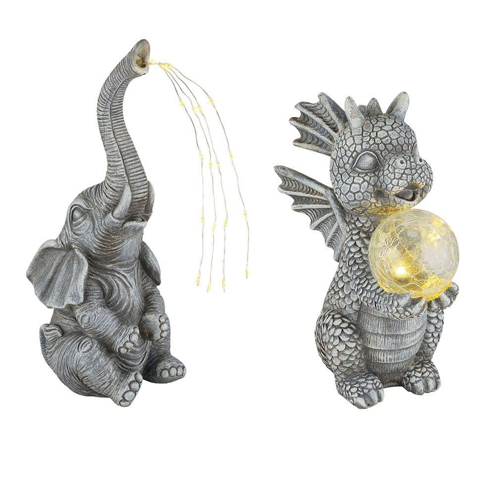 GLOBO LIGHTING LED Dekofigur, LED-Leuchtmittel fest verbaut, Solarleuchte Außenlampe Drache Elefant LED grau Gartendeko 2er Set