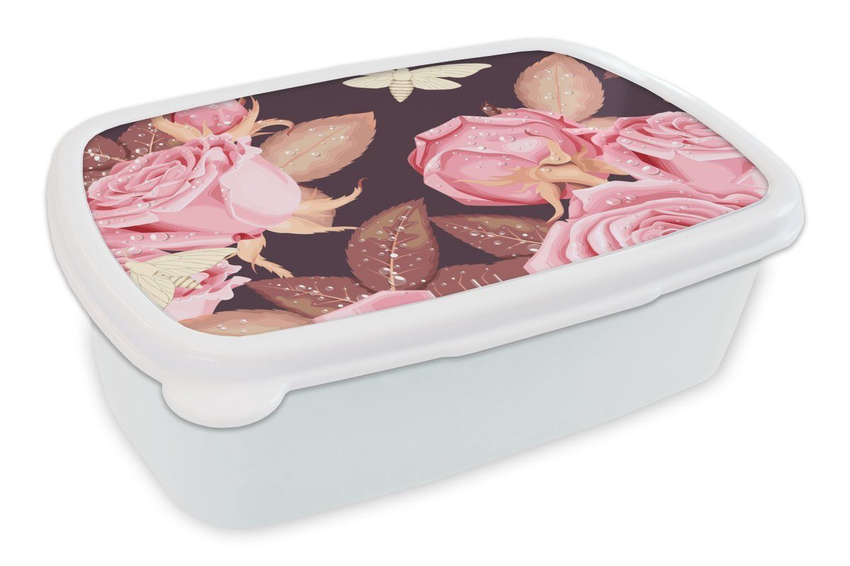 MuchoWow Lunchbox Rosen - Schmetterlinge - Rosa - Weiß, Kunststoff, (2-tlg), Brotbox für Kinder und Erwachsene, Brotdose, für Jungs und Mädchen