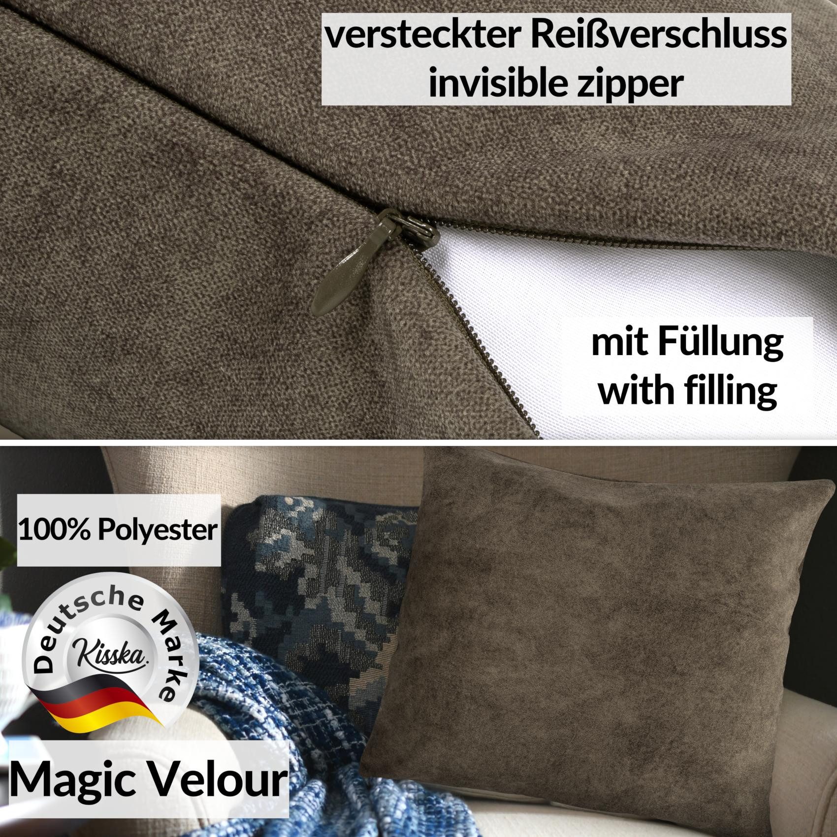 Kisska Dekokissen Kissenhülle MAGIC atmungsaktiv Velour Zierkissen Ambiente Dekorieren, Kissenüberzug mit Füllung Meliert-Optik 50x50cm Einfarbig Hellbraun