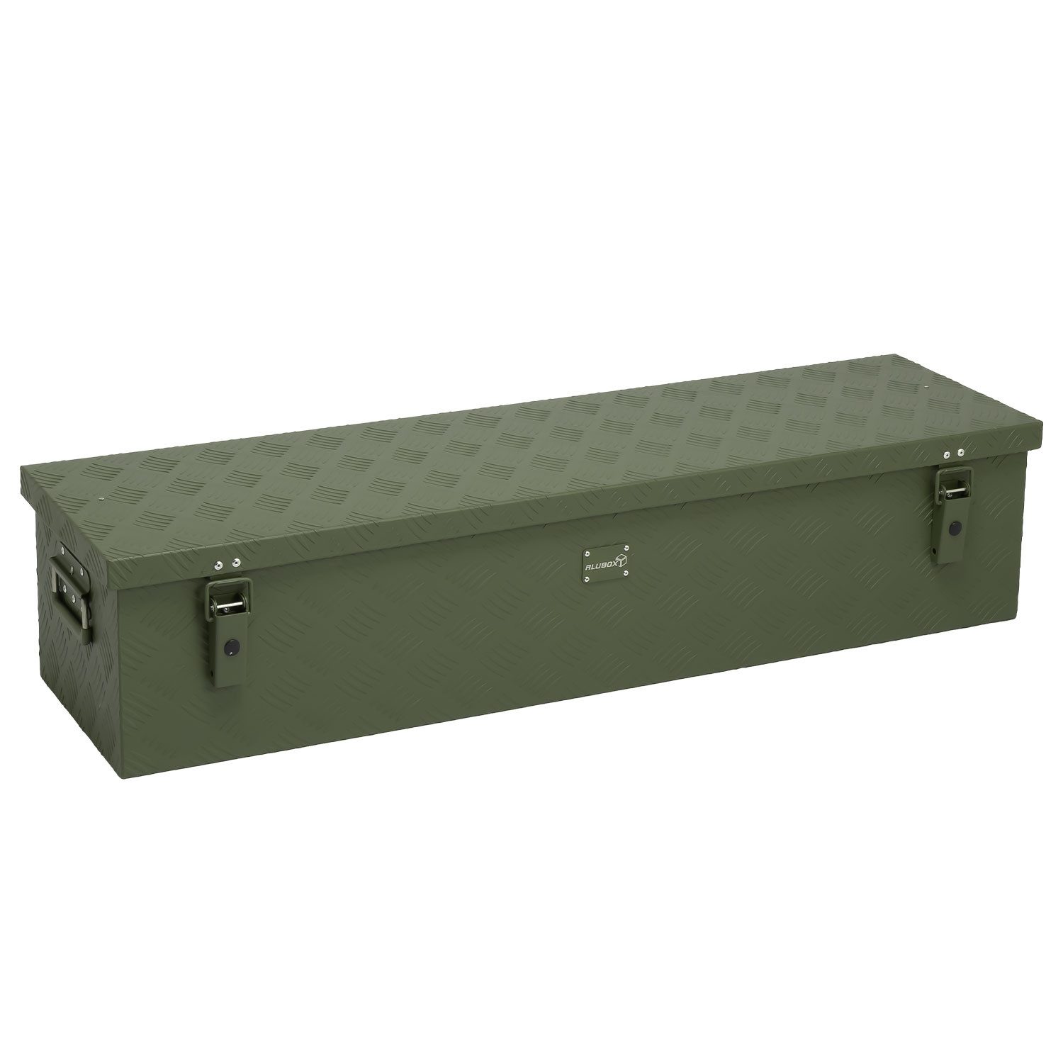ALUBOX Aufbewahrungsbox Alukiste Transportbox Riffelblech olivgrün matt (86 Liter), Dichtung und Fangbänder im Deckel - nur 1,5 mm Wandstärke