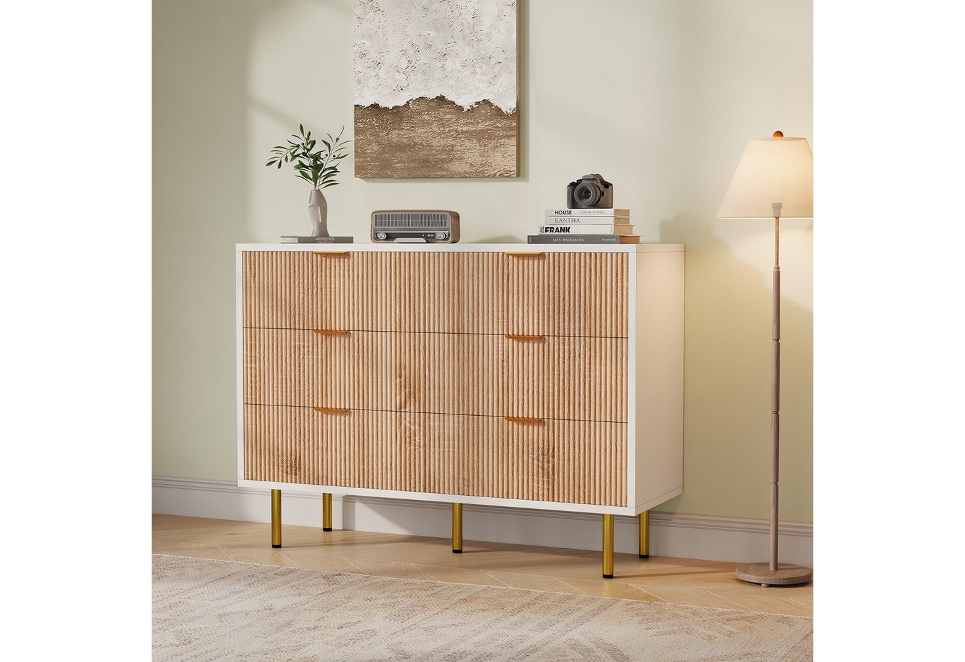 zebery Kommode Sideboard aus Holz, Metallbeine (Set, 1 St., Modern Highboard mit 6 Stauraum Schubladen, Metallgriff), Kommode Buffet Schränke für Schlafzimmer, Wohnzimmer, Flur