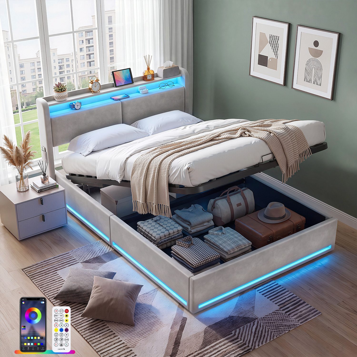 oyajia Polsterbett LED Doppelbett 140x200cm, Stauraumbett mit Kopfteil, Samt (mit Komforthöhe, Leises Design Bett), Stauraumbett mit Hydraulische Metallrahmen und Lattenrost aus Holz