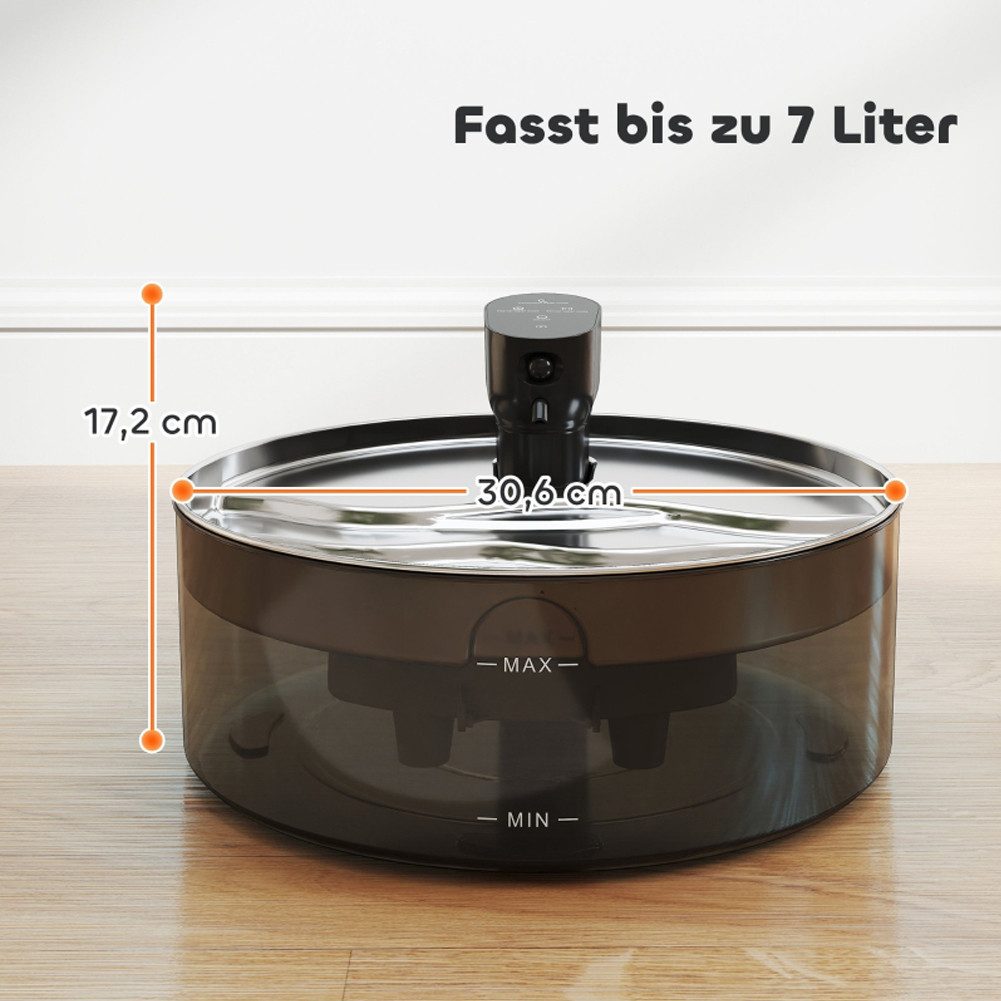 FANNOU Trinkbrunnen Katzenbrunnen 7L für Katzen, 30,6 x 30,6 x 17,2 cm, mit leiser Pumpe LED Aktivkohlefilter Edelstahl