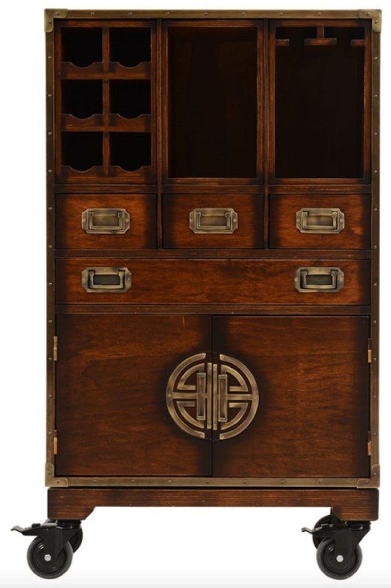 Barschrank Casa Padrino Luxus Vintage Stil Barschrank mit Rollen Braun 74 x 37 x H. 123 cm - Massivholz Weinschrank - Vintage Stil Bar Möbel - Luxus Bar Möbel - Massivholz Bar Möbel