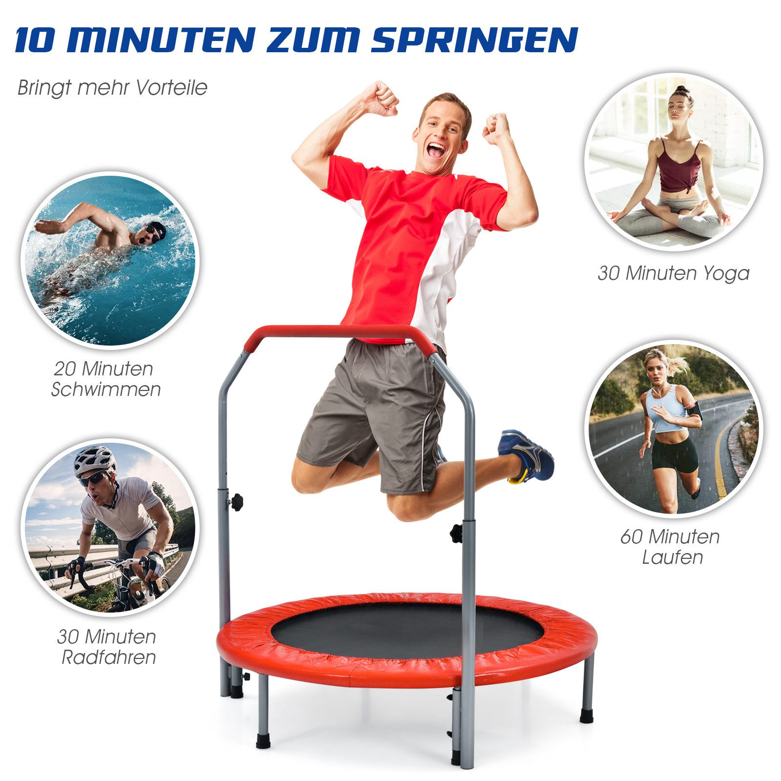 COSTWAY Fitnesstrampolin, Ø 101 cm, höhenverstellbarer Haltegriff, 150 kg