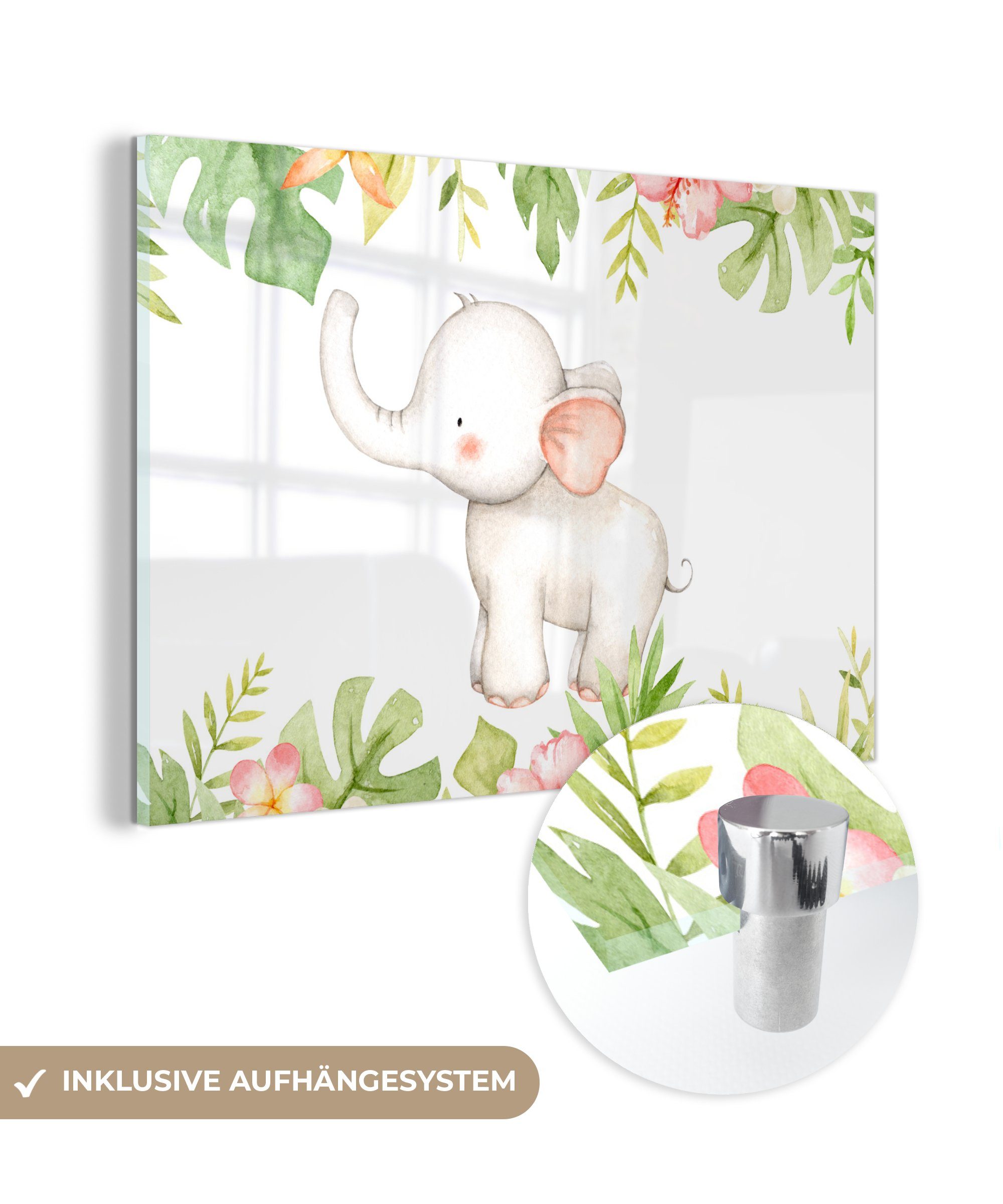 MuchoWow Acrylglasbild Elefant - Dschungel - Aquarellfarbe, (1 St), Glasbilder - Bilder auf Glas Wandbild - Foto auf Glas - Wanddekoration