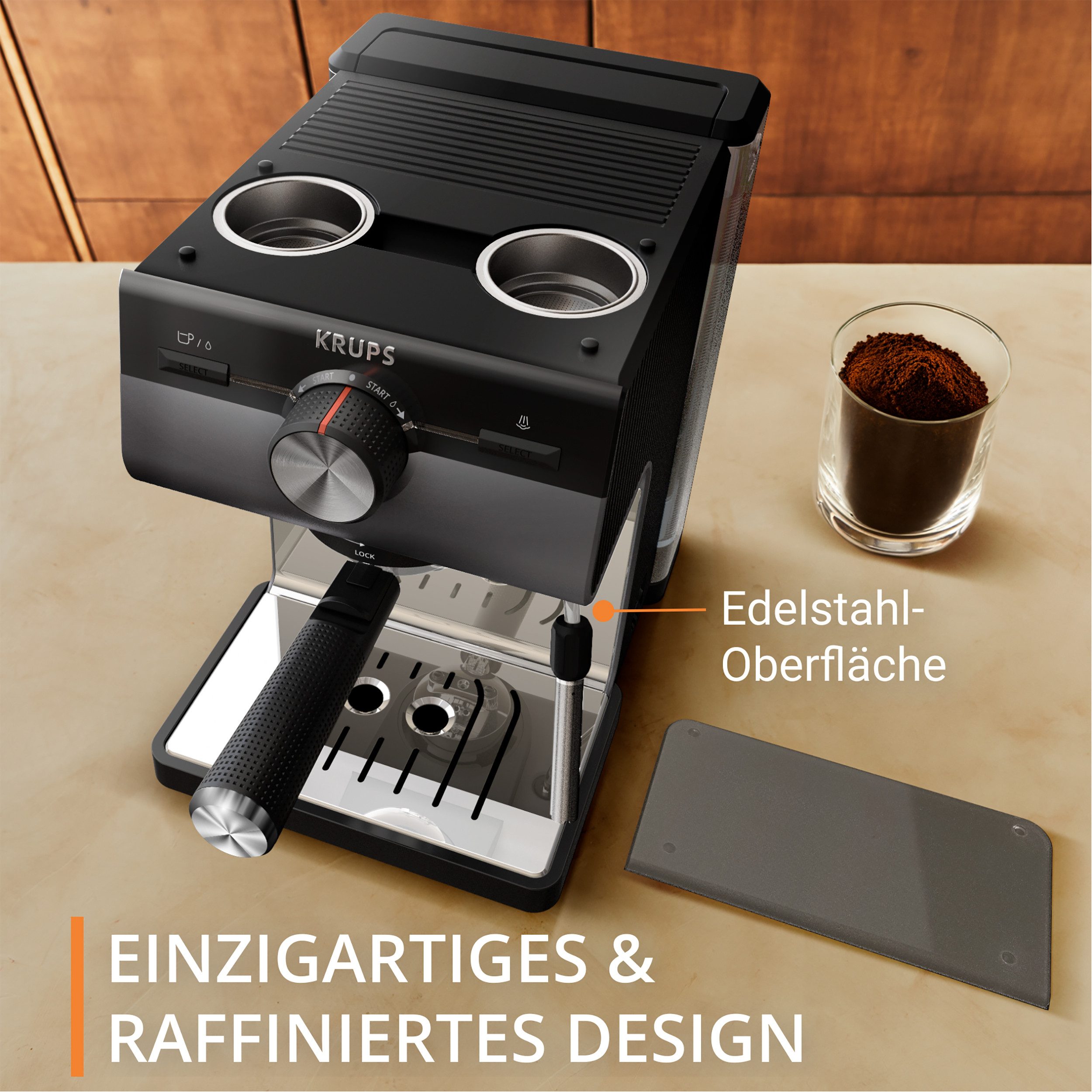 Krups Espressomaschine XP384G Authentic+, Siebträger, intuitives Bedienfeld, Milch-Aufschäumdüse, 3 Siebeinsätze