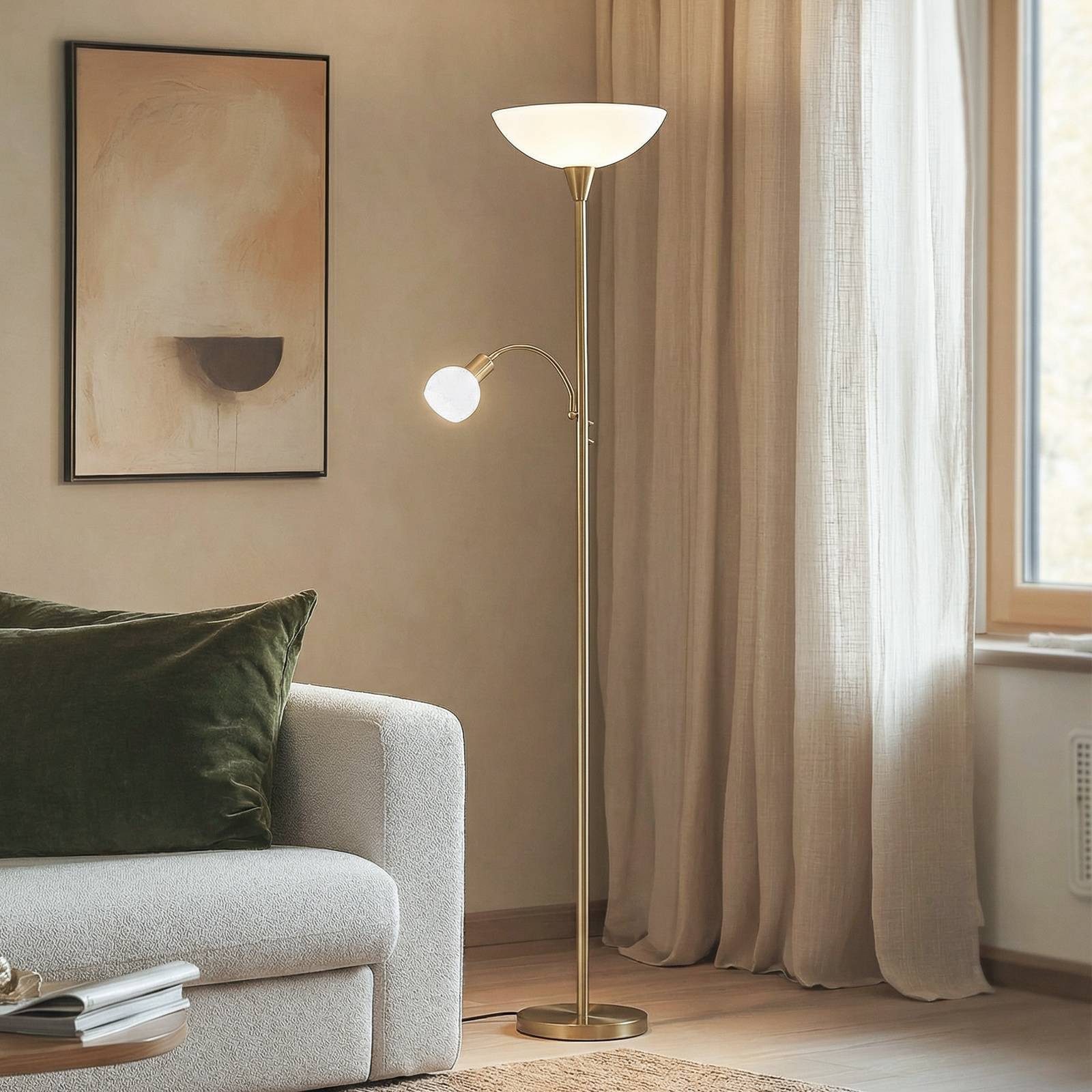 Lindby Stehlampe Elaina, Metall, Gold / Messing IP20, 1 x 15 W LED E27 + 1 x 8 W LED E14