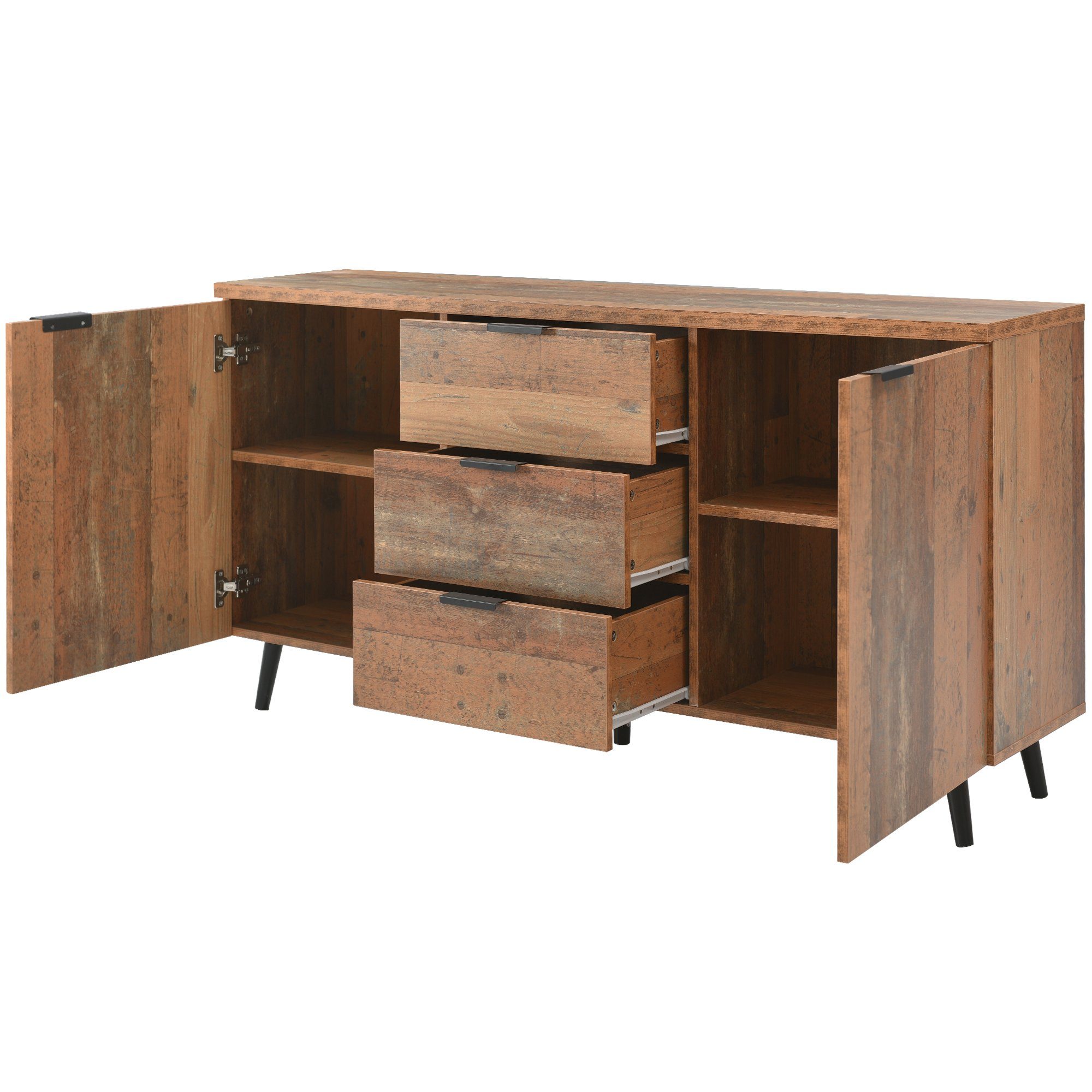 Merax Sideboard in Altholz-Optik mit 3 Schubladen und 2 Türen, Kommode mit verstellbaren Ablagen,B:140cm – Bild 5 von 5