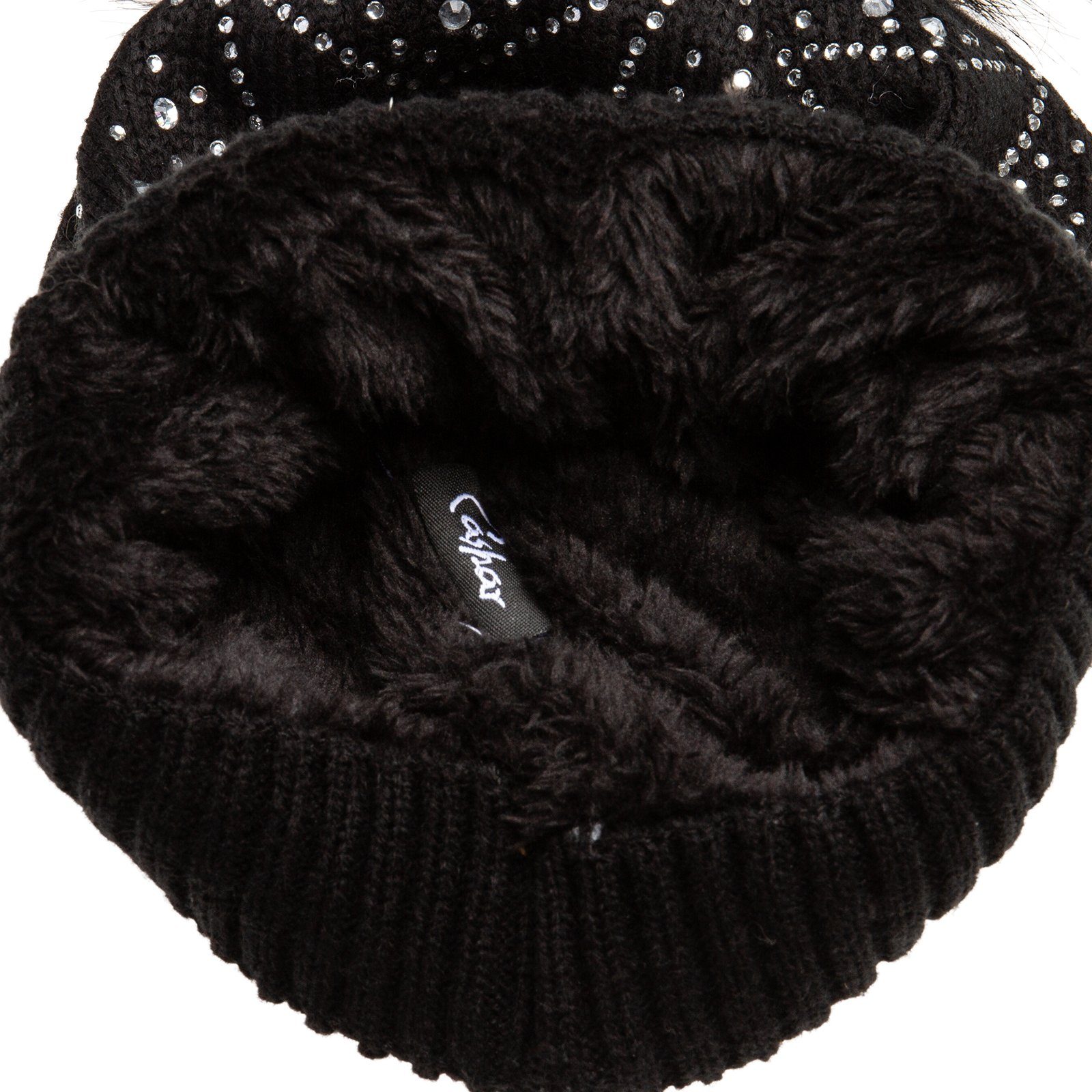 Caspar Bommelmütze MU167 Damen Fein Strick Winter Mütze mit XL Fellbommel und Glitzer Strass Stern