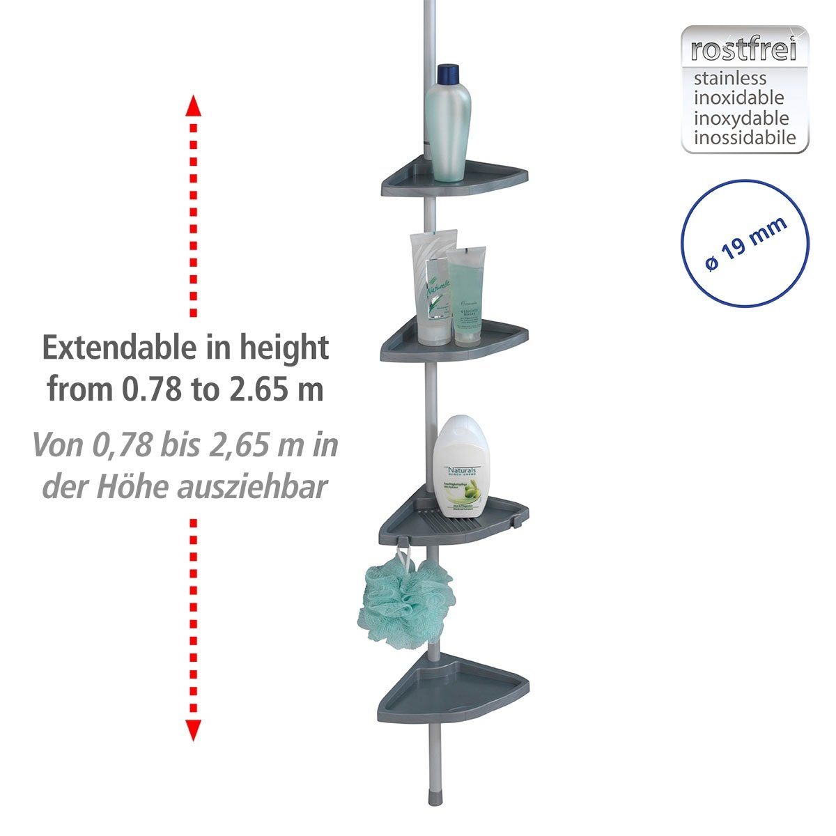 mit weiß/grau Ablagen, WENKO 78-265 4 höhenverstellbar Badregal Teleskopregal Easy, cm