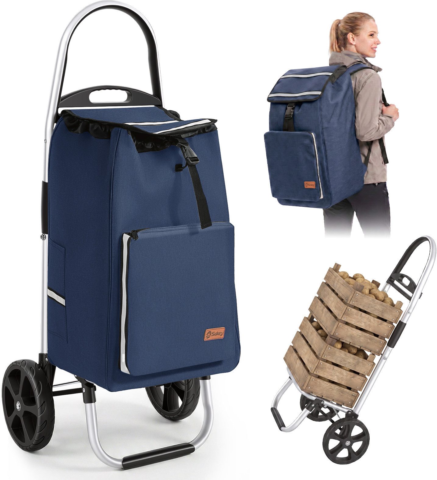 Sekey Einkaufstrolley 4-in-1 Einkaufstrolley Klappbar Einkaufswagen mit Rucksack, Kühltasche, 60 l, 60 l, Klappbarer Transportwagen, Handwagen mit großen Rädern