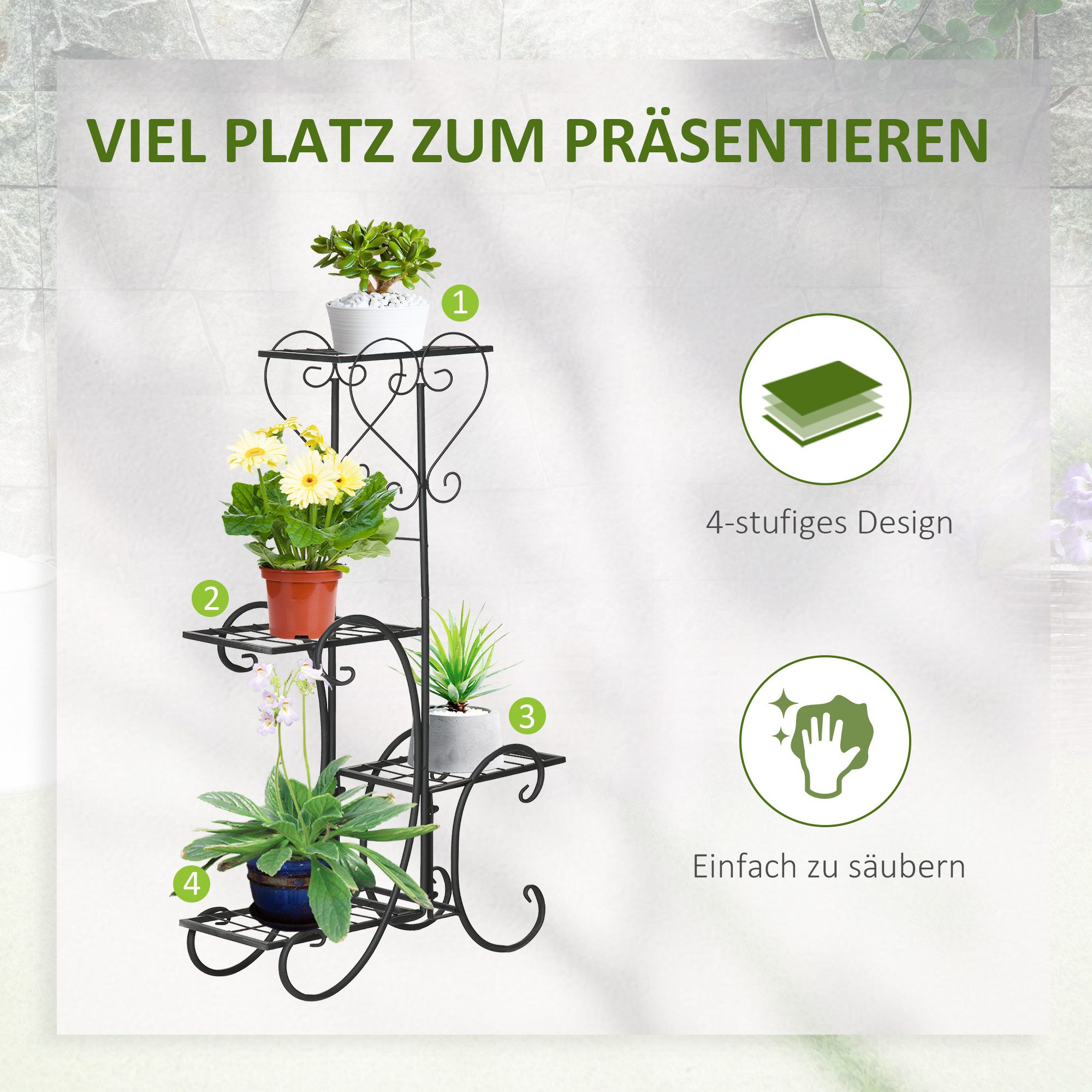 furnicato Pflanzentreppe Pflanzenregal Schwarz 45L x 24,5B x 80H cm mit 4 Stufen (1 St), Stabiler Blumenständer mit 4 Ebenen für die Terrasse oder Veranda