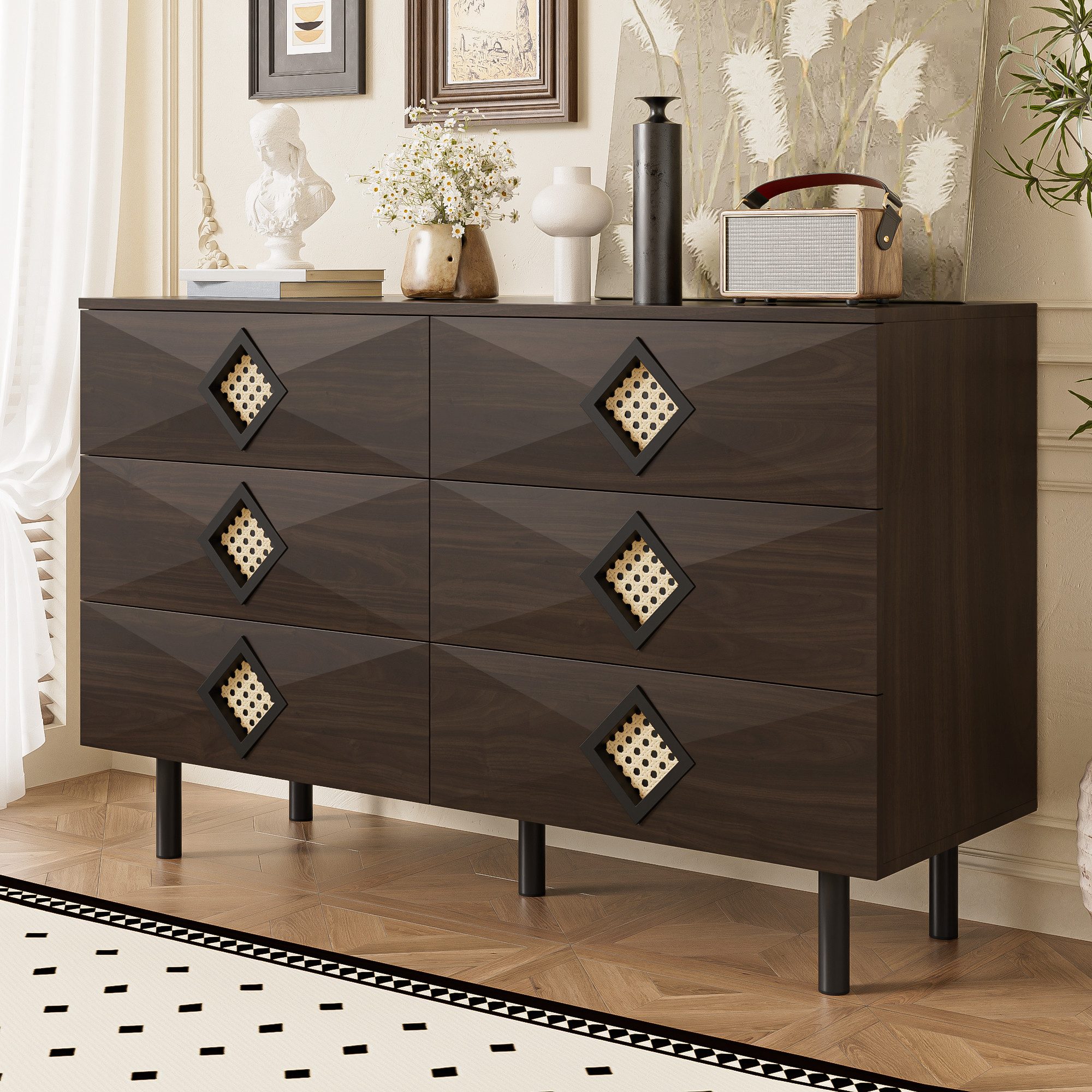 Merax Sideboard Aufbewahrungsschrank Anrichte mit Rattan-Griffen günstig online kaufen
