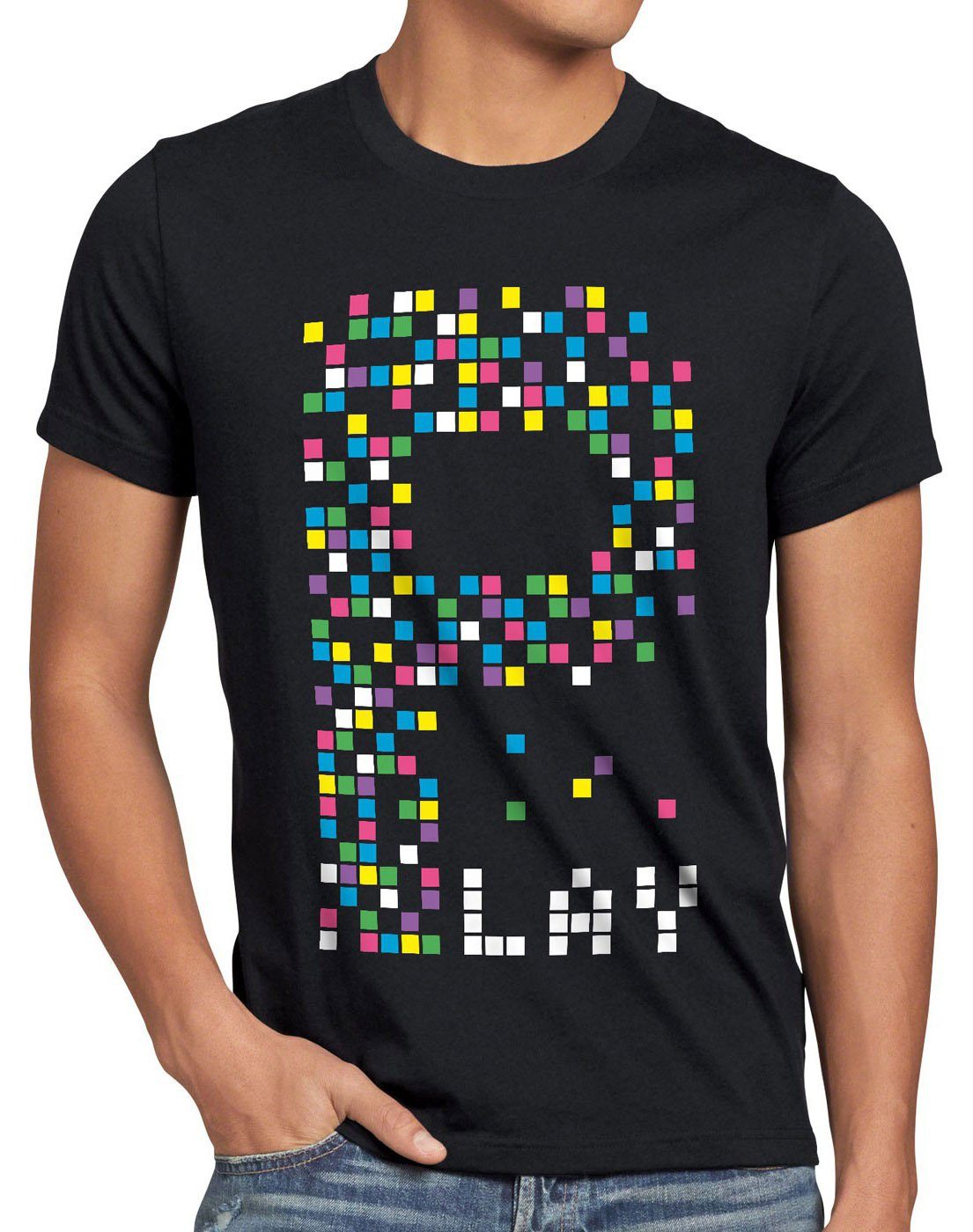 style3 Print-Shirt Herren T-Shirt Play Pixel Retro Gamer würfel 80er game konsole spieler boy 8 bit