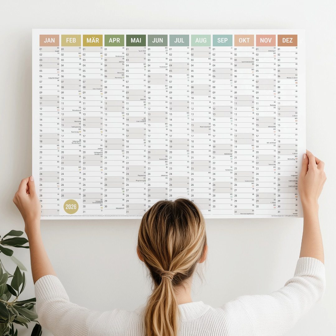 heaven+paper Jahresplaner A2 Wandplaner gerollt 2026 Natural Querformat, hochwertig, Hergestellt in Deutschland