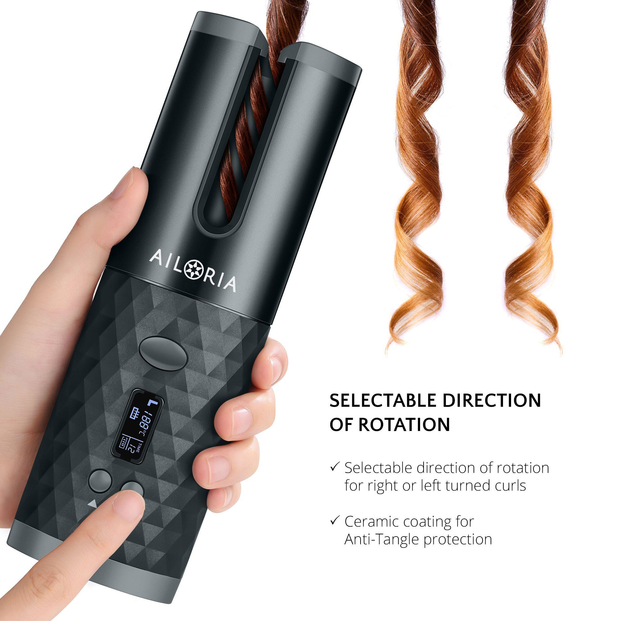 REVOLUTIONNE auto-curler, und für Locken Kabelloser Wellen kabelloser Lockenstab Curler sekundenschnelle AILORIA schwarz