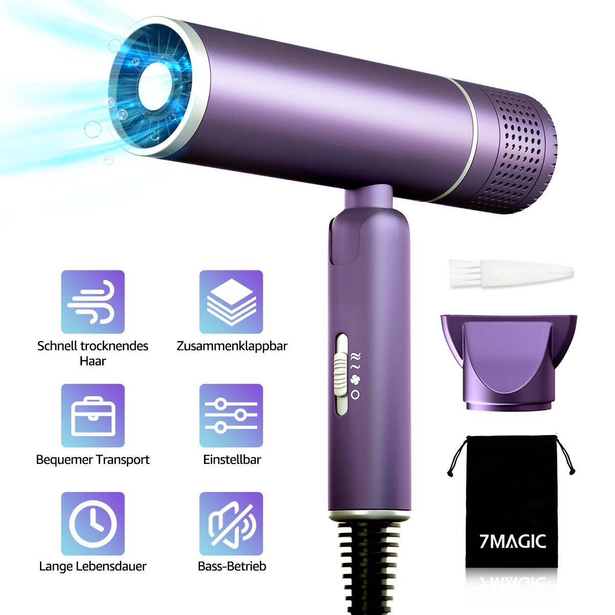7MAGIC Reisehaartrockner, 1600,00 W, Ionic Haartrockner,Professioneller Haartrockner,mit Stylingdüse schmal