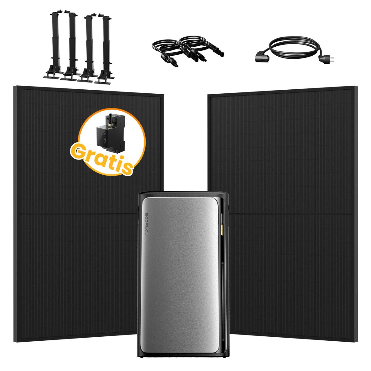 Ecoflow Balkonkraftwerk 900W EcoFlow Stream Ultra All-in-One Speicher mit Halterungen, (2xJaSolar Full Black 450W und 1xSmart Meter im Lieferumfang enthalten), 2000 W Solareingang (4 MPPTs) mit integriertem Mikro-Wechselrichter