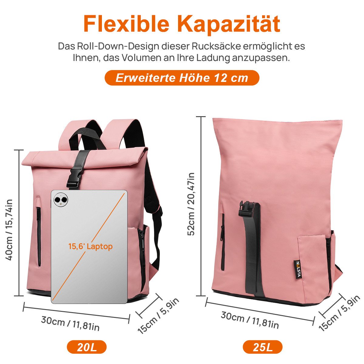 NULSTA Rucksack Rolltop Rucksack Wasserdicht Damen & Herren Daypack Freizeitrucksack, 30*15*40cm,Cityrucksack,Tourenrucksack,Schulrucksack