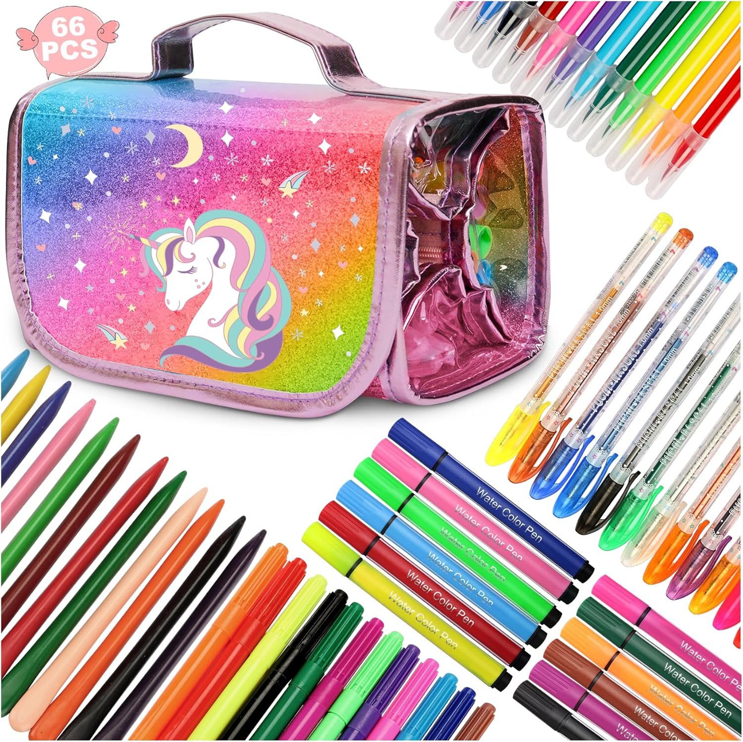 Tozkizm Malstift Einhorn Marker Set 66-teilig Kinder Malset Federmäppchen Duftmarkern, (Einhorn Marker Malset 66-teilig mit Duftmarkern Glitzerstiften und Kreiden, 66-tlg., Komplettes Kinder Malset mit Stiften, Kreiden und Mäppchen), 66-teiliges Einhorn M