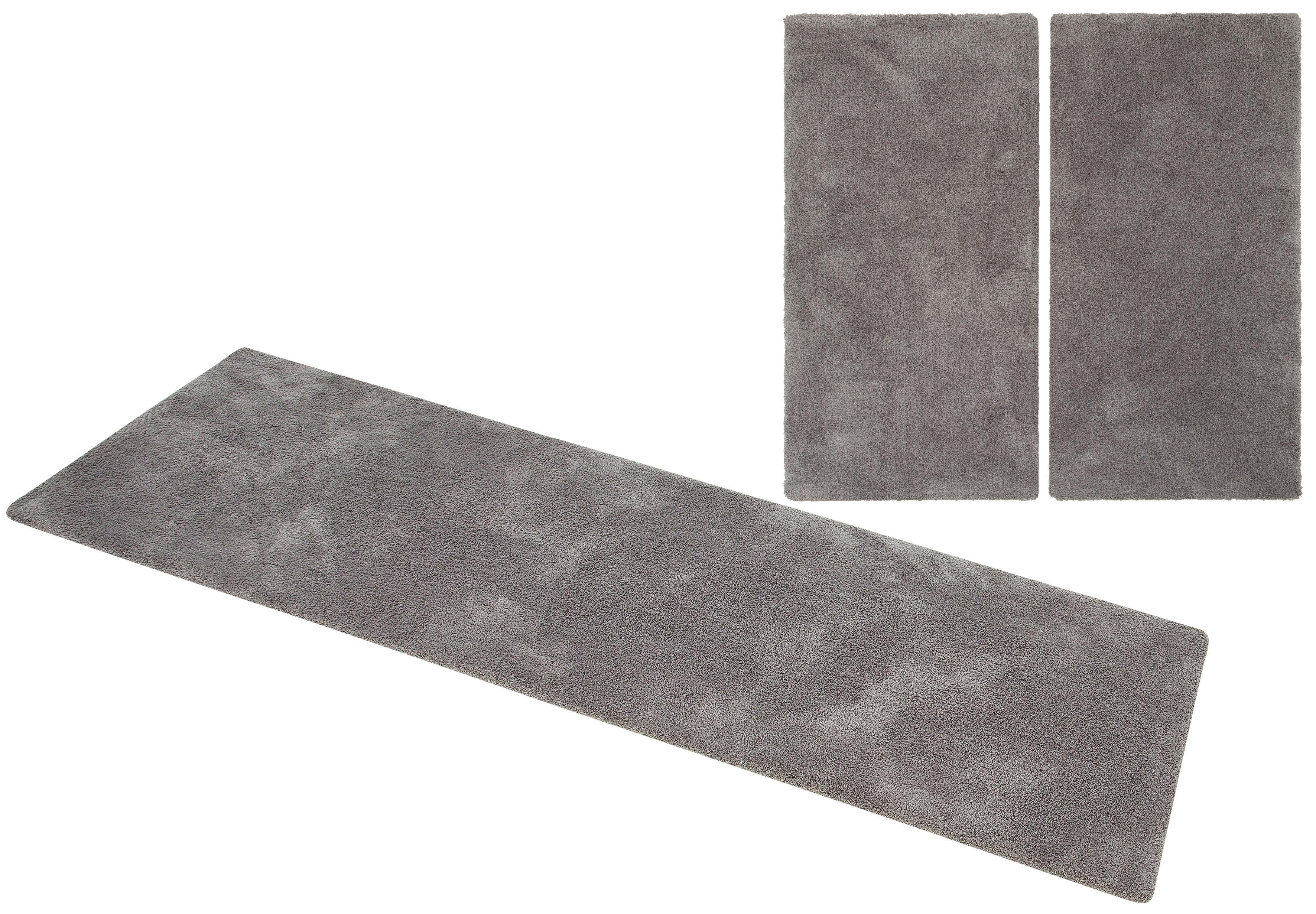 Hochflor-Bettumrandung Microfaser Teppich Magong my home, Höhe 32 mm, (3-tlg), besonders weich durch Mikrofaser, einfarbiger Bettvorleger, Läufer-Set stone